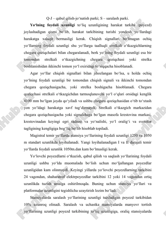 ilan jihozlangan bo‘lsa, u holda ochiq yo‘lning foydali uzunligi bir tomondan chiqish signali va ikkinchi tomondan chegara qoziqchasigacha, yoki strelka boshigacha hisoblanadi. chegara qoziqchasi strelkali o‘tkazgichdan tarmoqlanuvchi yo‘l o‘qlari orsidagi kenglik 4100 mm bo‘lgan joyda qo‘yiladi va ushbu chegara qoziqchasidan o‘tib to‘xtash yon yo‘ldagi harakatga xavf tug‘dirmaydi. strelkali o‘tkazgich markazidan chegara qoziqchasigacha yoki signalchaga bo‘lgan masofa krestovina markasi, krestovinadan keyingi egri radiusi va yo‘nalishi, yo‘l oralig‘i va svetofor tagligining kengligiga bog‘liq bo‘lib hisoblab topiladi. magistral temir yo‘llarda stansiya yo‘llarining foydali uzunligi 1250 va 1050 m standart uzunlikda loyihalanadi. yangi loyihalanadigan i va ii darajali temir yo‘llarda foydali uzunlik 1050m.dan kam bo‘lmasligi kerak. yo‘lovchi poyezdlarni o‘tkazish, qabul qilish va saqlash yo‘llarining foydali uzunligi ushbu yo‘lda muomalada bo‘lish uchun mo‘ljallangan poyezdlar uzunligidan kam olinmaydi. keyingi yillarda yo‘lovchi poyezdlarning tarkibini 24 vagondan, shaharatrof elektrpoyezdlar tarkibini 12 yoki 14 vagondan ortiq uzunlikda tuzish amalga oshirilmoqda. buning uchun stansiya yo‘llari va platformalar uzunligini tegishlicha uzaytirish …