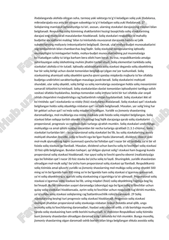 t, mol-mulk va boshqalarga bo‘lgan huquq emas, balki ularning o‘zidir, ya’ni soliq solish obyekti bo‘lib biror-bir soliq predmetiga bo‘lgan huquq tushunilsa, predmet bo‘lib ana shu egalik qilinadigan daromad, yer uchastkasi, imorat va boshqalarning o‘zi tushuniladi. soliq obyekti yoki soliqqa tortish predmeti, unga kim egalik qilish huquqiga ega bo‘lsa, unda soliqni to‘lash majburiyati, ya’ni soliq subyektini namoyon qiladi. demak, aytishimiz 24 mumkinki, soliqqa tortish predmetiga egalik qilish huquqi soliq obyektini vujudga keltirsa, o‘z navbatida ushbu predmetga kimning egalik qilishi soliq subyektini yoki soliq to‘lovchisini namoyon etadi. soliq manbayi — bu soliq to‘lovchining to‘laydigan soliqlari manbayi, ya’ni daromadi. soliq obyekti va soliq manbayini bir-biridan farqlash lozim. ayrim soliq turlari bo‘yicha, masalan, foydaga, yalpi daromadga, jismoniy shaxslarning daromadiga soliqlar bo‘yicha soliq obyekti ham, soliq manbayi ham bir xil bo‘ladi, ya’ni nima obyekt bo‘lsa, uning o‘zi manba hisoblanadi. shu o‘rinda soliqqa tortish predmeti, soliq obyekti va soliq manbayini farqlash va ularning mohiyatini ochib berish …