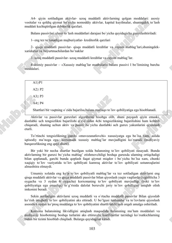 ilik darajasini aniqlash uchun aktivning ma’lum muddatga realizasiya qilinadigan qismini passivning shu muddatga to’lanishi lozim bo`lgan qismiga taqqoslanadi. agar aktiv moddalari realizasiyasi majburiyatlarni to`lashga kifoya qilinadigan summani bersa, bu manoda balans likvid, yani korxona to`lovga layoqatli , aks xolda esa u to`lovga layoqatsiz hisoblanadi. bundan tashqari to`lovga qodirlik korxonaning kreditga layoqatliligini xam tavsiflashi mumkin. ilgari olingan kreditlar bo`yicha hisob kitoblarni o’z vaqtida tartibli amalga oshiradigan, zarur bo`lgan turli manbaalardan pul mablag’larini safarbar etishga qodir bo`lgan korxona kreditga lyoqatli hisoblanadi. moliyaviy boshqarish maxorati hisob raqamlarda (schelarda) mablag’larni minimal summada saqlagan xolda qolgan qismini tez realizatsiya qilinadigan aktivlarda saqlashda namoyon bo’ladi. hisob-kitob hisob raqamida pul mablag’lari miqdor i qanchalik sezilarli bo`lsa, to`lov va majburiyatlarga kifoya qiladigan mablag’lar bilan hisob-kitob qilish extimoli shunchalik yuqori bo’ladi. ammo pul mablag’lari zaxiralar va xarajatlarda, yani muomilada bo`lsa, ularni naqd pulga aylantirish mumkin. to`lovga layoqatsizlik: · tasodifiy, · muvaqqat, · uzoq muddatli, · surunkali bo’lishi mumkin. buning …