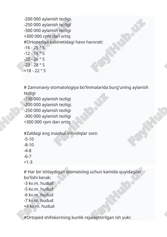 alohida qismlarini oqartirish. + metall quyish. #tsementni aralashtirish uchun: - pinset. - prob. - elektr spatula - yog'och spatulalar. + zanglamaydigan po'latdan yasalgan spatula. #ortoped shifokorining kunlik rejalashtirilgan ish yuki: -3 (uop) -5 (uop) -30 (uop). -37 (uop). +18 (uop). #bemorni tekshirish uchun asosiy vositalar: - periodontal zond - krampon qisqichlari -lift - shtopfer +oyna #inson funktsional imkoniyatlarini uning uchun maqbul ish sharoitlarini yaratish uchun o'rganadigan fan: -iqtisodiyot - oldini olish -etika -deontologiya. +ergonomika #qaysi xonalarni bitta xonaga birlashtirish mumkin: -asosiy xona, kasting xonasi. -lehimlash xonasi, asosiy xona. -asosiy xona, shakllanish xonasi. -polimerizatsiya xonasi, asosiy xona, shakllantirish xonasi. + shiva qilish xonasi, shakl berish xonasi, polimerizatsiya xonasi. #asosiy xona quyidagilar uchun mo'ljallangan: - tish davolash. - okklyuzerda modellarni gipslash. - tishlarni oqartirish. - plastmassaning polimerizatsiyasi. + modellashtirish. #stomatologiya laboratoriyasining qaysi xonasi keramik va kompozit materiallardan foydalangan holda protezlar ishlab chiqarish uchun mo'ljallangan: - lehimlash xonasi. - gips quyish uchun xona …