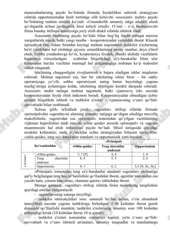 etadi. bunda odatiy shartnomadan farqli o‘laroq «agent» tomonidan nafaqat «prinsipal» belgilagan (masalan, ishlab chiqarish) darajaga erishishi, balki qolgan «agentlar»ga nisbatan eng yuqori darajaga erishishi (qo‘shimcha ravishda) rag‘batlantiriladi. «agentlar» raqobati g‘oyasi o‘zaro harakatlarni o‘zaro nazorat qilish uchun «agentlar»ning o‘zlaridan foydalanish imkonini beradi. 2. «agent»ning qo‘shma faoliyat natijalarida ishtirok etishi. muammoni hal etishning ikkinchi varianti «agent» tomonidan qat'iy belgilanmagan, balki firma faoliyati natijalariga bog‘liq mukofotni to‘lashni nazarda tutuvchi yollash haqidagi shartnomaning tuzilishidan iborat. bunga, masalan, yollanma xodimlarning firmaning foydasida ishtirok etishining turli shakllari, shu jumladan aksiyadorlik korxonasining kapitalida ishtirok etish kiradi. aqshda ko‘p yillardan buyon esop dasturi amal qilmoqda, unga ko‘ra 10 foizdan ortiq sanoat korxonalari xodimlari o‘z korxonasi aksiyalarini xarid qilishda imtiyozlarga ega bo‘ladilar. «agentlar»ning firma faoliyati natijalarida ishtirok etishining barcha turdagi qoidalari orasida mukofotning natijalarga chiziqli bog‘liqligini nazarda tutuvchi oddiy yo‘llar eng samarali hisoblanadi. bu ularda chiziqli bo‘lmagan yo‘llardan foydalaniladigan shartnomalarni tuzishning yuqori xarajatlari bilan ham, «agentlar» tomonidan mukofotning natijalarga …