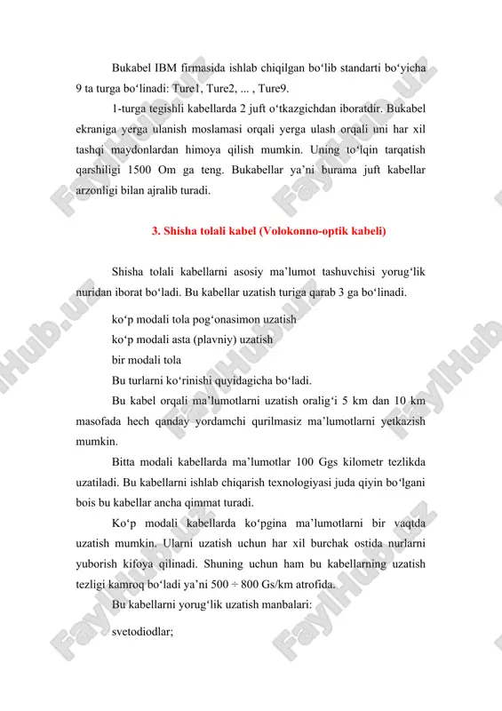 igi, elektromagnit toʻlqinlar ta'sirini olmasligidir. kamchiligi esa yoki qiyinchiligi ularni bogʻlash (ulash) qiyinchiligidadir. 4.nkt" (finlyandiya) firmasining optik kabeli “nkt” firmasi lokal hisoblash tarmoqlari uchun tashqarida yotqaziladigan nkt 11943147 optical fibre lan cable warning inuisible laser light 6 mm 62,5/125 0,275 na 850/1300 nm markali optik kabellarni ishlab chiqaradi. 3.12-rasmda kabelning koʻndalang kesimi koʻrsatilgan. kabel tashqi polivinil xloridlishlangga 1 ega. bu shlang polietilen qobiq 2 ustiga qoplangan. belbogʻli izolyatsiya 3 sintetik tasmadan ishlangan. burama oʻramli kabel oʻzagi gidrofobli toʻldirgich 4 ichida joylashgan boʻlib, oltita fotoplastik modul 5 va ikki tapolietilenkordellit oʻldirgich 6 oʻz ichiga olgan. modullar bittadan koʻp modalitolaga 7 ega. markaziy kuch elementisteklo plastikdan yasalgan oʻq (oʻzak) koʻrinishida bajarilgan. kabel rusmini sharhlaymiz: nkt – nokia telecom; 11943147 – maxsulot kodi; optical fibrelan cable – lokal xisoblash tarmoqlari uchun optik tolali kabel; 4-rasm. nkt 11943147 optical fibre lan cable warning inuisible laser light 6 mm 62,5/125 0,275 na 850/1300 nm rusumli …