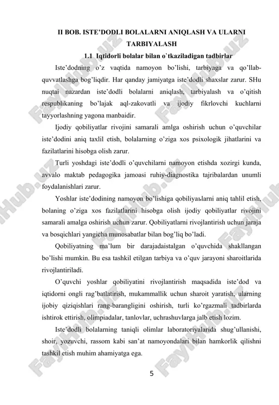 not zarur. iste’dodli bolalar salomatligini muhofaza qilish uchun ularni ruhiy zarbalardan asrash yo’llarini aniqlash, ruhan yordam ko’rsatish, ruhiy xayajonlanish holatlarini o’rganish – ularning ijodiy qobiliyatlarini rivoji uchun sharoit yaratish bo’yicha tavsiyalar ishlab chiqish darkor. ushbu vazifalarni amalga oshirish uchun tarkibiga xalq ta’limi, oliy va o’rta maxsus ta’lim vazirliklari xodimlari, yetakchi olimlar va mutaxasislar, ijodkorlar, amaliyotchi o’qituvchilar, to’garak rahbarlaridan iborat respublika metodik kengashi tuzulishi lozim. turli yoshdagi guruhlar iste’dodlarni qidirishning umumiy dasturi zarur. ommaviy o’quv yurtlarida bo’lganidek, maktabdan tashqari ta’lim muassasalarida ham bu borada o’quv dasturi rejalarini ishlab chiqish kerak bo’ladi. iste’dodli bolalarni aniqlash, tarbiyalash va o’qitishni ta’minlash quyidagi omillarga bog’liq: - ushbu aniqlashning ijtimoiy ahamiyatini, respublikaning zakovati, ijodkorligi, kuch-qudratini tayyorlashning istiqboli bilan bog’liqligini tushunishga; - ruhiy diagnostik uslubiyat, uslubiy materiallari bo’lgani holda turli yoshdagi guruhlarda aniqlashning umumiy dasturlari yaratilishiga; - iste’dodli bolalar (maxsus tayyorlangan rejalar, dasturlar va ilmiy asoslangan uslubiyat va hokazo bo’yicha) bilan ishlash uchun ixtisoslashgan muassasalarning yagona tarmog’ini …