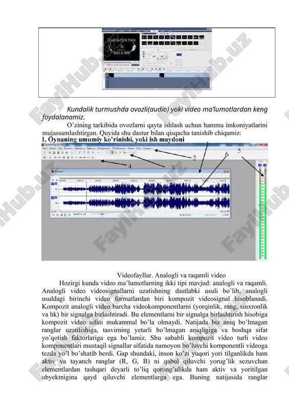 ning yaratilishi bo’ldi. video-ma’lumotlarni saqlash formatlari cd avi (audio video interleave - audio va video almashinuvi) - videoni saqlash va windows muhitida namoyish etish uchun microsoft tomonidan yaratilgan format, tasvir va ovozning bir vaqtda saqlanish imkoniyatini beradi. bu formatdagi video yozilishida avval kadr, so’ngra shu kadrga mos ovoz navbatma-navbat yoziladi. videokadrlarga bo’linishi tabiiy, lekin ovoz uzluksiz oqimga ega bo’lib, sun’iy ravishda kadrlarga mos fragmentlarga bo’lib olinadi. agar ovozni ham videoni ham videokiritish qurilmasida yozilsa hech qanday muammo yuzaga kelmaydi, agar ovoz ovoz kartasi yordamida yozilsa, video bilan ovozning aniq sinxronligi buziladi, ba’zan ovoz tasvirdan “qochadi”. bu formatdagi videoyozuvlarda odatda turlicha formatdagi video siqishlar (kompressiya) qo’llaniladi: microsoft video (8​va 16-bitli ranglarda), motion jpeg, microsoft rle (8-bitli ranglarda), indeo va hk. dastlab video olish va namoyish etish uchun microsoft tomonidan yaratilgan video for windows dasturiy to’plami qo’llanilgan, lekin hozirgi kunda foydalanuvchida buning uchun juday qulay imkoniyatlar ham mavjud. bu imkoniyatlarni hisobga olgan …