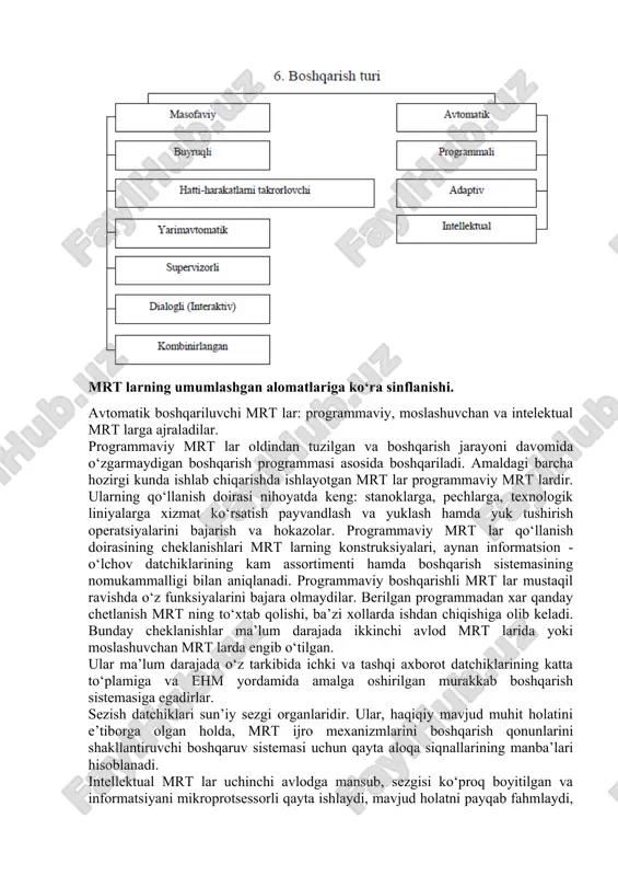 sh payvandlash va yuklash hamda yuk tushirish operatsiyalarini bajarish va hokazolar. programmaviy mrt lar qo‘llanish doirasining cheklanishlari mrt larning konstruksiyalari, aynan informatsion -o‘lchov datchiklarining kam assortimenti hamda boshqarish sistemasining nomukammalligi bilan aniqlanadi. programmaviy boshqarishli mrt lar mustaqil ravishda o‘z funksiyalarini bajara olmaydilar. berilgan programmadan xar qanday chetlanish mrt ning to‘xtab qolishi, ba’zi xollarda ishdan chiqishiga olib keladi. bunday cheklanishlar ma’lum darajada ikkinchi avlod mrt larida yoki moslashuvchan mrt larda engib o‘tilgan. ular ma’lum darajada o‘z tarkibida ichki va tashqi axborot datchiklarining katta to‘plamiga va ehm yordamida amalga oshirilgan murakkab boshqarish sistemasiga egadirlar. sezish datchiklari sun’iy sezgi organlaridir. ular, haqiqiy mavjud muhit holatini e’tiborga olgan holda, mrt ijro mexanizmlarini boshqarish qonunlarini shakllantiruvchi boshqaruv sistemasi uchun qayta aloqa siqnallarining manba’lari hisoblanadi. intellektual mrt lar uchinchi avlodga mansub, sezgisi ko‘proq boyitilgan va informatsiyani mikroprotsessorli qayta ishlaydi, mavjud holatni payqab fahmlaydi, noaniq yoki o‘zgarib turadigan sharoitlarda kerakli operatsiyalarni bajarish uchun o‘zining keyingi hatti-harakatlari yuzasidan …
