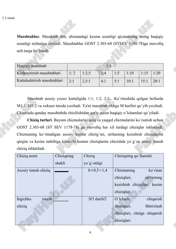 sosan ikki bosqichga bo`linadi: birinchi bosqich – chizmada qalamda ingichka chiziqlar bilan chizish, ikkinchi bosqich – bu chizmaning chiziqlarining ustidan qalamda yurgizib chiqish . bunda avval aylana, aylana yoylari va egri chiziqlarni ustidan yurgizib chiqish, so`ngra qolgan og`ma va to`g`ri chizig`larni chizish tavsiya etiladi.chizmadagi shtrixovka chiziqlari o`q yoki asosiy chiziqlarga nisbatan 45( da chizilib ularning og`ishi o`ng va chap tomonlarga nisbatan bir xildadir. ishning oxirida chizmalar xatolardan xoli bo`lishi uchun chiziqlarning yo`g`onligi sinchiklab tekshiriladi. o`lchamlar qo`yish qoidalari. malumki buyumlarning tasvirlarini chizish bilan birgalikda uning o`lchamlarini qo`yish ham talab etiladi. shuning uchun buyumlarning o`lchamlari aniq va to`g`ri qo`yilishi hamda qo`yilgan o`lchamlar bir-birlari bilan chalkashib ketmasligi kerak. o`lchamlarning to`qri va aniq qo`yilishi buyumning sifatli va aniq tayyorlash imkonini beradi. shuning uchun dast 2.307-68. (st sev 2180-80) ga muvofiq chizma o`lchamlari xatosiz, bir marta qo`yiladi. quyida ana shu standartlardagi asosiy o`lcham qo`yish qoidalarini ko`rsatamiz. chizmalarda o`lchamlar o`lcham soni bilan ko`rsatiladi. o`lcham soni o`lcham …