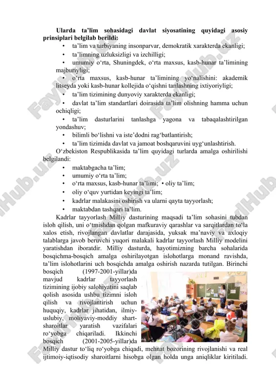 y, taraqqiy topgan davlatlar darajasidan ancha orqada edi. shu boisdan ta’lim tizimini tubdan isloh qilish masalasi ko‘ndalang bo‘lib qoldi. prezident islom karimov tashabbusi bilan ta’limni tubdan isloh qilish yo‘llari ishlab chiqildi. islom karimov 1997-yil 29-avgustda oliy majlisning ix sessiyasida “barkamol avlod – o‘zbekiston taraqqiyotining poydevori” mavzusida ma’ruza qildi. ma’ruzada oldimizga qo‘ygan buyuk maqsadlarimizni ro‘yobga chiqarish taqdiri, avvalambor, zamon talablariga javob beradigan yuqori malakali, ongli mutaxassis kadrlar tayyorlash muammosi bilan chambarchas bog‘liq ekanligi asoslab berildi va quyidagi vazifalar ilgari surildi: –eski sovet davridan qolgan ta’lim-tarbiya tizimiga xos mafkuraviy qarashlardan, sarqitlardan qutulish; –milliy ta’lim-tarbiya tizimini takomillashtirish, uning milliy zaminini mustahkamlash, jahon andozalari darajasiga ko‘tarish; –uzluksiz ta’lim tizimini tashkil qilish; –ta’lim muassasalarining moddiy bazasini zamon talablari darajasiga ko‘tarish; –bolalarimizga zamonaviy bilim berish, buning uchun, avvalo, o‘qituvchimurabbiylar bilimining saviyasini ko‘tarish; –zamonaviy o‘quv dasturlari, darsliklar yaratish; –xorijiy tillarni o‘rganish va o‘rgatishga katta ahamiyat berish; –bitiruvchilarni emas, maktab ta’limi va tarbiyasini ko‘rgan shaxslarni tayyorlash; –o‘quvchilarda mustaqil …