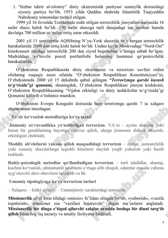b’ekti, boshqa terrorizm harakatlaridan farqli o‘laroq, jamoa emas, yagona shaxsdir. siyosiy terrorizm– asosiy maqsadi – davlatlar o‘rtasidagi munosabatlarni buzish, aniq bir siyosiy rahbar yoki davlat boshlig‘ini yo‘q qilish. bu kabi teraktga tarixda misolla ko‘p uchraydi: prezidentlar – aqshda jon kennedi, misrda anvar saodat, chilida salvador alende, bosh vazirlar – hindistonda indira va rajiv gandi, isroilda ishoq rabbin; davlat terrorizmi – uning maqsdi aniq bir shaxslarga yoki qandaydir siyosiy harakatlarga nisbatan davlat tomonidan amalga oshiriladigan teraktlar. xalqaro terrorizm – bu chet ellarda turib, ma’lum guruh rahbarlari tomonidan boshqa bir mamlakat ichkarisidagi kuchlardan noqonuniy foydalanish, ularni boshqarish, zo‘rovonlik qilishdan iboratdir. bunday turdagi terrorizmning asosiy ko‘rinishlari quyidagicha: havodagi qaroqchilik, odamlarni garovga olish, diplomatlar va boshqa siyosiy rahbarlarni o‘g‘irlab ketish. ularning evaziga mavjud siyosiy o‘zgarishlarni talab etish. narkoterrorizm, bioterrorizm, kompyuter tizimi yordamida terrorchilik harakatini sodir-etish kiberterrorizm (masalan, pentagon xavfsizlik bo‘limi qayd etishicha, har kuni ushbu vazirlikning axborot tarmoqlari 60dan ko‘p marotaba xakerlar hurujiga uchraydi) …