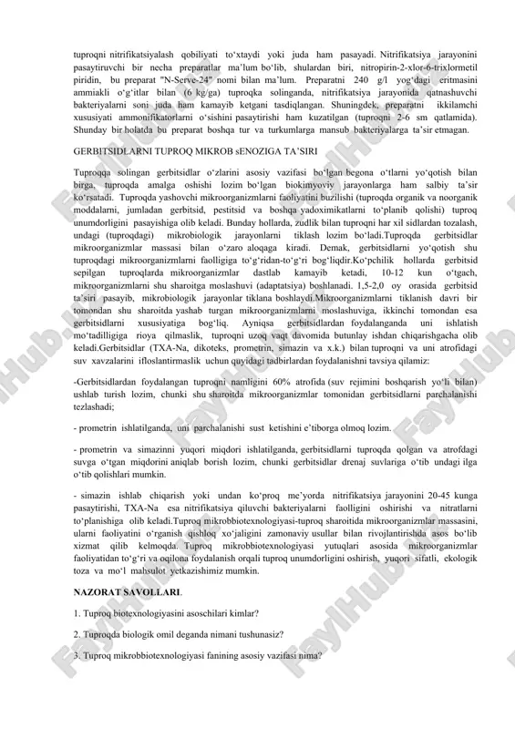 iqdori, mineralizatsiya jarayoni va tuproq unumdorligi ko‘rsatkichi haqida ma’lumot beradi.mikrob massasini to‘planishi va parchalanishi, tuproqdagi azot miqdorini o‘zgarishiga va o‘simlikni oziqlanish sharoitiga to‘g‘ridan-to‘g‘ri ta’sir etib, tuproq unumdorligini oshishiga xizmat qiladi. tuproqni fermentativ faolligi, ya’ni tuproqda yashovchi tirik organizmlarni fermentlarini o‘ziga sorbsiya qilish xususiyati ham diqqatga sazovordir. tuproqda bog‘langan (immobilizatsiya qilingan) fermentlar faolligi ular uchun diagnostik ko‘rsatkich bo‘lib xizmat qiladi. tuproqda fermentlarni uchrashi va faollik ko‘rsatishi, tuproqni biologik faolligi va unumdorligidan xabar beradi.mikrob senozi- o‘z-o‘zini boshqaruvchi biologik tizimdir. bu tizimni mo‘tadil faollik ko‘rsatishi har xil guruhga mansub mikroorganizmlarni rivojlanishiga bog‘liq bo‘ladi. shu urinda, tuproq doimiy ravishda tashqi muhit ta’siriga tabiiy va antropogen ta’sirga uchrab turishi, bu esa uning tarkibiy qismi bo‘lmish mikroorganizmlarga ham ta’sir ko‘rsatishini esda tutmoq lozim. yangi ekologik tizimda mikroorganizmlar faolligi o‘zgarib, uning imkoniyatlari tizimning dinamik rivoji uchun yetarli bo‘lmay qolishi mumkin, bunday sharoitda, tuproqdagi mikrobobiokimyoviy jarayonlarni mo‘tadillashtirish uchun ularni yo‘nalish larini o‘zgartirish lozim bo‘ladi. bunday imkoniyatlar, mikroblar tizimining …