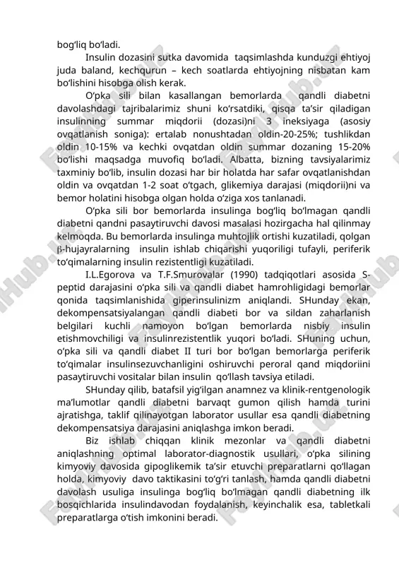 a, bir kunlik preparatga bo‘lgan ehtiyojini ko‘rsatuvchi kattalikdir (i.i.dedov va hammualiflar, 1993). qandli diabet kasalligining birinchi yilida insulinga ehtiyoj nisbatan katta bo‘lmay, o‘kd sutkasiga 0,25-0,5 birlik(kg ni tashkil qiladi. kasallikning 2-yilida - insulinni endogen ajralishi kamayadi va insulinga ehtiyoj sutkasiga 0,6-1,2 birlik(kg ga oshadi. lekin ko‘pchilik bemorlarda, bu bosqichda insulin o‘kd si 0,7-0,9 birlik(kg tenglashadi. infeksiyali kasalliklar zamirida davomli emotsional zo‘riqish, ketoatsidoz paydo bo‘lib, insulinga ehtiyoj sutkasiga 1 birlik(kg gacha va undan ko‘proqqa oshadi. ma’lumki, insulindavo samarasi nafaqat insulin dozasini adekvat tanlashdagina, balki insulinni sutka davomida to‘g‘ri taqsimlashga ham bog‘liq bo‘ladi. insulin dozasini sutka davomida taqsimlashda kunduzgi ehtiyoj juda baland, kechqurun – kech soatlarda ehtiyojning nisbatan kam bo‘lishini hisobga olish kerak. o‘pka sili bilan kasallangan bemorlarda qandli diabetni davolashdagi tajribalarimiz shuni ko‘rsatdiki, qisqa ta’sir qiladigan insulinning summar miqdorii (dozasi)ni 3 ineksiyaga (asosiy ovqatlanish soniga): ertalab nonushtadan oldin-20-25%; tushlikdan oldin 10-15% va kechki ovqatdan oldin summar dozaning 15-20% bo‘lishi maqsadga muvofiq …