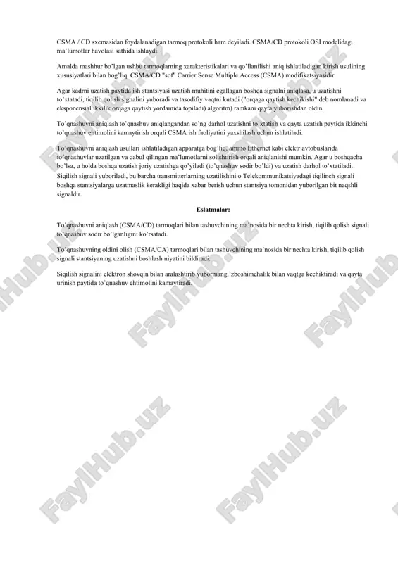 et, ieee 802.03 z standarti). ieee 802.11 simsiz aloqa protokollari ieee 802.11 - ieee 802 mahalliy tarmoq (lan) protokollarining bir qismidir va simsiz mahalliy tarmoq (wlan) wi-fi kompyuter aloqasini amalga oshirish uchun ommaviy axborot vositalariga kirishni boshqarish (mac) va fizikaviy pog’ona protokollari to’plamini belgilaydi. 2.4 ghz, 5 ghz, 6 ghz va 60 ghz diapazonlarni o’z ichiga olgan, ammo shu bilan cheklanmagan holda turli xil chastotalarda ishlay oladi. 3.csma/cd, kolliziyalar. csma / cd (carrier sense multiple access with collision detection - tashuvchini tinglash va to’qnashuvni aniqlash bilan bir nechta kirish) - bu to’qnashuvni boshqarish bilan mahalliy kompyuter tarmog’idagi umumiy uzatish muhitiga bir nechta kirish uchun texnologiya (ieee 802.3). csma/cd markazlashtirilmagan tasodifiy (aniqrog’i, kvazi-tasodifiy) usullarga ishora qiladi. u ethernet kabi an’anaviy tarmoqlarda ham, yuqori tezlikdagi tarmoqlarda ham qo’llaniladi (fast ethernet, gigabit ethernet). csma / cd sxemasidan foydalanadigan tarmoq protokoli ham deyiladi. csma/cd protokoli osi modelidagi ma’lumotlar havolasi sathida ishlaydi. amalda mashhur bo’lgan …