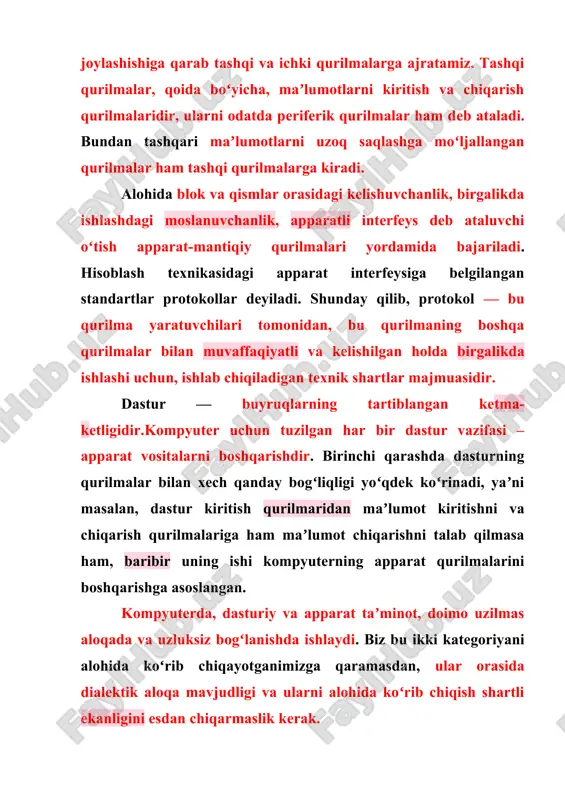 oqa qoidalariga asoslangan boʻlsa ham, amalda u dasturiy taʼminotni oʻzaro aloqada boʻlgan bir nechta sathlar (daraja)larga taqsimlash bilan taʼminlanadi. dastur taʼminoti sathlari piramida tuzilishiga egadir.har bir keyingi sath oldingi sathlar dasturiy taʼminotiga tayanadi. bunday ajratish, hisoblash tizimining dasturlarni oʻrnatishdan boshlab, to amalda ekspluatatsiya qilish va texnik xizmat koʻrsatishgacha boʻlgan ish faoliyatining hamma bosqichlari uchun qulaydir. shunga alohida eʼtibor berish kerakki, har bir yuqoridagi sath butun tizimning funksionalligini oshiradi. masalan, asos dasturiy taʼminoti sathiga ega boʻlgan hisoblash tizimi koʻp funksiyalarni bajara olmaydi, ammo u tizimli dasturiy taʼminotni oʻrnatishga imkon beradi, yaʼni sharoit yaratadi. abonent tizimlarining hududiy joylashuviga qarab hisoblash tarmoqlarini uchta asosiy turkumga ajratish mumkin: global tarmoqlar (wan — wide area network); mintaqaviy tarmoqlar (man — metropolitan area network); lokal tarmoqlar (lan — local area network). global hisoblash tarmoqlari turli mamlakatlar yoki qitʼalarda joylashgan abonentlarni birlashtiradi. mazkur tarmoq abonentlar oʻrtasida oʻzaro aloqa telefon aloqasi tarmoqlari, radioaloqa va yoʻldoshli aloqa negizida amalga …