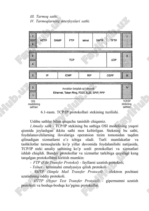 foydalanilishi natijasida, tcp/ip steki amaliy sathining ko’p sonli protokollari va xizmatlari ishlab chiqildi. bunday protokollar va xizmatlar tarkibiga quyidagi keng tarqalgan protokollarni kiritish mumkin: · ftp (file transfer protokol) - fayllarni uzatish protokoli; · telnet - terminalni emulyasiya qilish protokoli · smtp (simple mail transfer protocol) - elektron pochtani uzatishning oddiy protokoli. · http (hyper text transfer protocol) - gipermatnni uzatish protokoli va boshqa-boshqa ko’pgina protokollar. amaliy sath protokollari - xostlarda amalga oshiriladi. xost deganda, internetdagi oxirgi bog’lam, ya’ni foydalanuvchining kompyuteri tushuniladi. ii. transport sathi. tcp/ip stekining ushbu sathi, o’zidan yuqorida joylashgan sathga ikki xil turdagi xizmatni ko„rsatishi mumkin: 1. ma’lumotlarni uzatishni boshqarish protokoli – tcp (transmission control protocol) yordamida ma’lumotlarni manziliga etkazilishi kafolatlangan xizmatni ta’minlash. 2. foydalanuvchilarning deytagrammalari protokoli – udp (user datagram protocol) yordamida ma’lumotlarni uzatishni imkon darajasidagi xizmatni ta’minlash. ma’lumotlarni ishonchli etkazib berilishini ta’minlash uchun, tcp protokoli o’z ishini - mantiqiy bog’lanishni o’rnatish choralarini ko’rish bilan amalga …