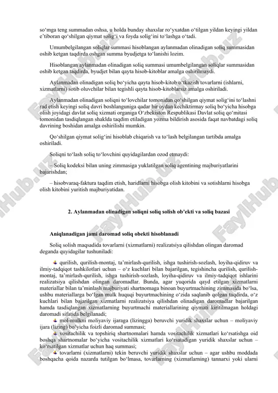 ningdek, foydalanilmayotgan ishlab chiqarish maydonlarining mulkdori bo‘lgan yuridik shasxlarga, ulardan samarasiz foydalanilayotganligi bo‘yicha qonunda belgilangan tartibda xulosa kiritilganda; 8) markazlashtirilgan moliyalashtirish manbalari hisobidan obektlarni (joriy va kapital ta’mirlash bundan mustasno) qurishni bajaruvchi yuridik shaxslarga. soliq to‘lovchilar qo‘shilgan qiymat solig‘i va foyda solig‘ini to‘lash o‘rniga aylanmadan olinadigan soliq (bundan buyon ushbu bo‘limda soliq deb yuritiladi) to‘lashni nazarda tutadigan maxsus soliq rejimini tanlashga haqlidir. soliq to‘lovchilar aylanmadan olinadigan soliq to‘lashga navbatdagi soliq davridan boshlab o‘tishga haqli. aylanmadan olinadigan soliqni to‘lashga o‘tish uchun soliq to‘lovchilar aylanmadan olinadigan soliqni to‘lashga o‘tishi to‘g‘risida soliq hisobida turgan joyidagi soliq organini o‘zbekiston respublikasi davlat soliq qo‘mitasi tomonidan belgilangan shaklda, biroq aylanmadan olinadigan soliqni to‘lashga o‘tilayotgan navbatdagi soliq davri boshlanishiga qadar o‘n kundan kechiktirmay xabardor qiladi. yangi tashkil etilgan yuridik shaxslar davlat ro‘yxatidan o‘tkazilgan kundan e’tiboran tadbirkorlik faoliyati subektini davlat ro‘yxatidan o‘tkazish chog‘ida tanlangan soliq solish tartibini ko‘rsatish orqali aylanmadan olinadigan soliqni to‘lash tartibini tanlash huquqiga ega. qo‘shilgan …