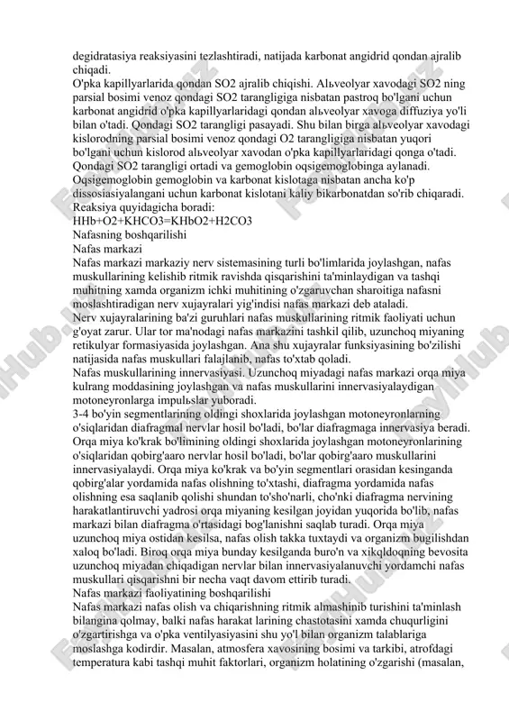 nafas to'xtab qoladi. nafas muskullarining innervasiyasi. uzunchoq miyadagi nafas markazi orqa miya kulrang moddasining joylashgan va nafas muskullarini innervasiyalaydigan motoneyronlarga impulslar yuboradi. 3-4 bo'yin segmentlarining oldingi shoxlarida joylashgan motoneyronlarning o'siqlaridan diafragmal nervlar hosil bo'ladi, bo'lar diafragmaga innervasiya beradi. orqa miya ko'krak bo'limining oldingi shoxlarida joylashgan motoneyronlarining o'siqlaridan qobirg'aaro nervlar hosil bo'ladi, bo'lar qobirg'aaro muskullarini innervasiyalaydi. orqa miya ko'krak va bo'yin segmentlari orasidan kesinganda qobirg'alar yordamida nafas olishning to'xtashi, diafragma yordamida nafas olishning esa saqlanib qolishi shundan to'sho'narli, cho'nki diafragma nervining harakatlantiruvchi yadrosi orqa miyaning kesilgan joyidan yuqorida bo'lib, nafas markazi bilan diafragma o'rtasidagi bog'lanishni saqlab turadi. orqa miya uzunchoq miya ostidan kesilsa, nafas olish takka tuxtaydi va organizm bugilishdan xaloq bo'ladi. biroq orqa miya bunday kesilganda buro'n va xikqldoqning bevosita uzunchoq miyadan chiqadigan nervlar bilan innervasiyalanuvchi yordamchi nafas muskullari qisqarishni bir necha vaqt davom ettirib turadi. nafas markazi faoliyatining boshqarilishi nafas markazi nafas olish va chiqarishning ritmik almashinib turishini ta'minlash …