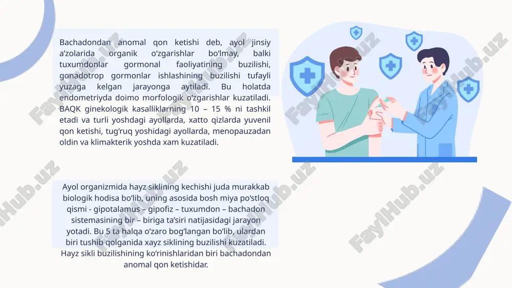 kuzatiluvchi «qorachiq» simptomi + yoki ++ - kpi – 15 – 25%. diagnoz qo‘yishda quyidagi usullardan foydalaniladi: 1)aniq yig‘ilgan anamnez (bepushtlik, homila tashlash hollari ). 2)umumiy va qin orqali bimanual tekshirish. 3)gisteroskopiya 4)exoskopiya 5)endometriyni tekshirish (endometriy biopsiyasi, diagnostik qirish metodi, endometriy aspiratsiyasi). 6)qon analizi. a) qonda xg ni aniqlash b) trombotsitlar miqdorini aniqlash. v) leykotsitlar formulasini aniqlash. 7)gormonlar miqdorini tekshirish usullari 8)funksional diagnostika testlari. yakuniy diagnoz endometriyni gistologik tekshirish natijalari olingandan keyin ( bezli – kistali giperplaziya ) qo‘yiladi. baqkni quyidagi kasalliklar bilan qiyosiy diagnozlash mumkin: - qon kasalliklari bilan: gemorragik diatez, trombotsitopeniya, gemofiliya. - bachadon miomasi - tuxumdonlar o‘smalari - polipozlar - rak kasalliklari ( bachadon tanasi va bo‘yni raki) - plasentar polip - adenokarsinoma - homiladorlikning vaqtidan ilgari to‘xtashi, abortlar - bachadondan tashqari homiladorlik - adenomioz va boshqalar. baqkni davolash. bemorning yoshi, kasallikning kelib chiqish sabablari, patogenezi va boshqa a’zolar faoliyatining izdan chiqqanlik darajasini xisobga olib, har taraflama …