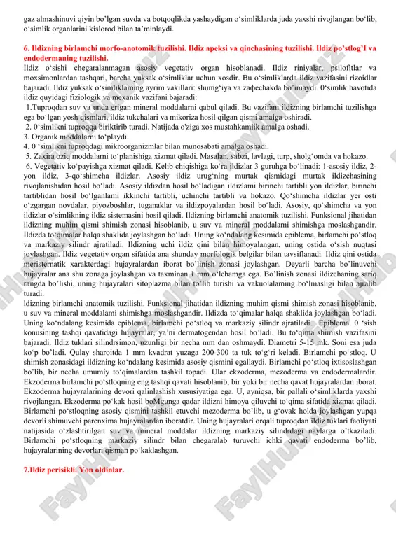 lar turiga ko‘ra, suv yoki havo to'plovchi rezervuar hisoblanadi. aerenxima (aero… va yunoncha enchima — quyilgan, bu erda toʻqima) — oʻsimliklarning nafas olish funksiyasini bajaradigan havo saqlovchi toʻqimasi. aerenxima ancha keng hujayralar oraligʻi va har xil shakldagi hujayralardan tashkil topgan parenxima hisoblanadi. baʼzan aerenxima tarkibiga mexanik, ayiruvchi va b. xil hujayralar ham kiradi. aerenxima gaz almashinuvi va ichki toʻqimalarning kislorod bilan taʼminlanishi qiyinlashadigan muhitda oʻsadigan suv va botqoq oʻsimliklari (sholi, kurmak, qamish, qiyoq)da rivojlangan. kollenxima. tirik hujayralardan iborat bo‘lib, hujayra po‘sti sellyulozali bo‘ladi. kollenxima asosan epiderma ostida joylashgan birlamchi po‘stloqning parenxima hujayralaridan vujudga keladi. hujayralar bo‘yiga cho‘zilib, faqat burchakh qalinlashgari bo‘lsa, burchakli kollenxima deyiladi (21-rasm). hujayralaming oldingi va keyingi devorlari qalinlashgan bo‘lsa, plastinkasimon kollenxima deyiladi. kollenxima hujayralarining kattaligi 2 mm gacha boradi. yalpizdoshlar, ziradoshlar, qovoqdoshlar oilalarining poya qirralari kollenxima hujayralari bilan to ‘la bomadi. kollenxima po‘stiga xlorruxyod eritmasi ta'sir ettirilsa, moviy tusga kiradi. bu esa hujayra po'sti sellyulozadan iboratligidan dalolat …