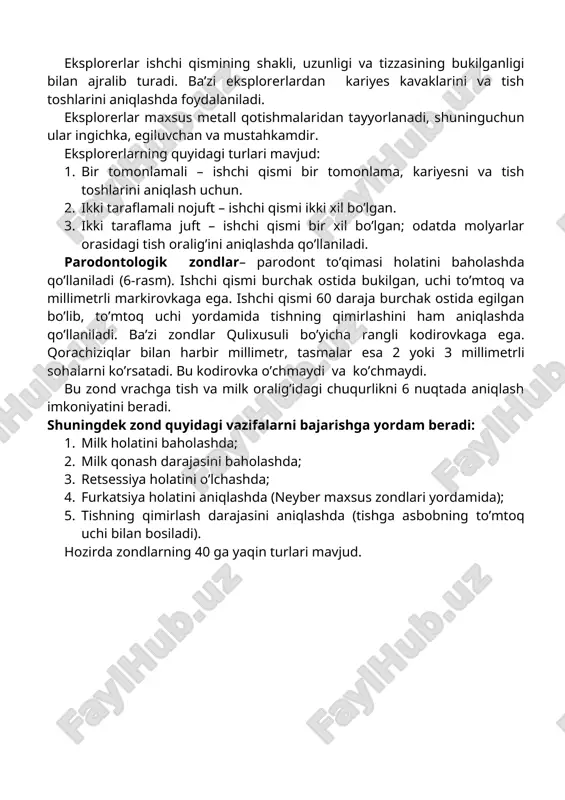 ell bilan aralashtiriladi. masalan, silikat tsementlar. ular tarkibidagi fosfor kislota va kukundagi abraziv donachalar hisobiga plombaning rangi o’zgarishi mumkin. gladilka – ishchi qismi kalta to’g’ri yoki egilgan shakldagi kurakchalar shaklida ifodalangan. ular dastakka nisbatan turli burchakda joylashgan. gladilkalar turli xajmda, bir tomonlama, ikki tomonlama, shtofer bilan kombinatsiyalashgan holatda ishlab chiqariladi. u yordamida ishlov berilgan karioz bo’shliqqa dori moddalar, plomba ashyolari kiritiladi va dastlabki shakl beriladi. shtofer – ishchi qismi tsilindrsimon, noksimon, dumaloq shaklda bo’ladi. plomba ashyolarini zichlashtirishda foydalaniladi. .