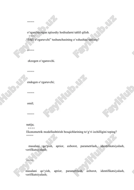 aqat bizni qiziqtirayotgan ayrimlarini tushunamiz. ==== ko‘p turdagi predmetlarning barchasini yoki faqat bizni qiziqtirayotgan qismini tushunamiz. ++++ tanlama to‘plam deganda qanday to‘plam tushuniladi? ==== bosh to‘plamning bir qismini tashkil etuvchi kuzatishlar yig’indisi; ==== bosh to‘plamning ko‘p qismini tashkil etuvchi kuzatishlar yig’indisi; ==== k o‘p to‘plamning bir qismini tashkil etuvchi kuzatishlar yig’indisi; ==== bosh to‘plamning katta qismini tashkil etuvchi yig’indi. ++++ tanlama kovariatsiya nima? ==== ikki o’zgaruvchi o’rtasidagi bog’lanishning o’lchami hisoblanadi; ==== ikki o’zgaruvchi o’rtasidagi funksiyaning o’lchami hisoblanadi.; ==== ikki o’zgaruvchi o’rtasidagi bog’lanishning hosilasi hisoblanadi. ==== ikki o’zgaruvchi o’rtasidagi o’lcham tushuniladi. ++++ tanlama dispersiya nima? ==== tanlama dispersiya tanlamadagi o’rtacha kvadratik chetlanishdek aniqlanadi; ==== tanlama dispersiya tanlamadagi kvadratik chetlanishdek aniqlanadi ==== tanlama dispersiya o’rtacha kvadratik o‘zgaruvchidek aniqlanadi. ==== ikki o’zgaruvchi o’rtasidagi o’lcham tushuniladi. ++++ kovariatsiya ta’rifidan bevosita kelib chiqadigan muhim qoidalarni tanlang. ==== # barcha javobdagi qoidalar. ==== agar bo‘lsa, u holda ==== agar bo‘lsa, u holda bo‘ladi, bu yerda a- …