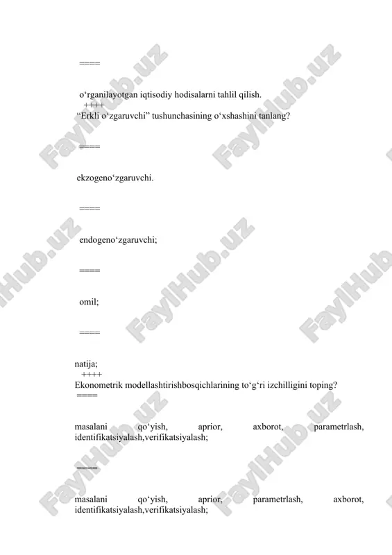 etlarningbarchasiniyokifaqatbizniqiziqtirayotganqisminitushuna miz. ++++ tanlama to‘plamdegandaqandayto‘plamtushuniladi? ==== # bosh to‘plamningbirqisminitashkiletuvchikuzatishlaryig’indisi; ==== bosh to‘plamningko‘pqisminitashkiletuvchikuzatishlaryig’indisi; ==== k o‘pto‘plamningbirqisminitashkiletuvchikuzatishlaryig’indisi; ==== bosh to‘plamningkattaqisminitashkiletuvchiyig’indi. ++++ tanlama kovariatsiya nima? ==== ikki o’zgaruvchi o’rtasidagi bog’lanishning o’lchami hisoblanadi; ==== ikki o’zgaruvchi o’rtasidagi funksiyaning o’lchami hisoblanadi.; ==== ikki o’zgaruvchi o’rtasidagi bog’lanishning hosilasi hisoblanadi. ==== ikki o’zgaruvchi o’rtasidagi o’lcham tushuniladi. ++++ tanlama dispersiya nima? ==== # tanlamadispersiyatanlamadagio’rtachakvadratikchetlanishdekaniqlanadi; ==== tanlamadispersiyatanlamadagikvadratikchetlanishdekaniqlanadi ==== tanlamadispersiyao’rtachakvadratiko‘zgaruvchidekaniqlanadi. ==== ikki o’zgaruvchi o’rtasidagi o’lcham tushuniladi. ++++ kovariatsiyata’rifidanbevositakelibchiqadiganmuhimqoidalarnitanlang. ==== # barcha javobdagi qoidalar. ==== agar bo‘lsa, u holda ==== agar bo‘lsa, u holda bo‘ladi, buyerda a- o‘zgarmas. ==== agar bo‘lsa, u holda bo‘ladi, bu yerda a- o‘zgarmas. ++++ qanday bog‘lanishgakorrelyasiyabog‘lanishideb aytiladi? ==== agar omilo‘zgaruvchining har bir qiymatiga natijaviy o‘zgaruvchining ko‘plab qiymatlari, ya’ni muayyan statistic taqsimot mos kelsa; ==== agar omilning har bir qiymatiga natijaviy omilning muayyan tasodifiy qiymati moskelsa; ==== agar omilning har bir qiymatiga natijaviy omil qiymatlarining butun birtaqsimotimoskelsa; ==== agaro‘zgaruvchiningharbirqiymatiganatijaviyo‘zgaruvchiningbelgilanganqiymatim oskelsa. ++++ tahliliy ifodaga ko‘ra bog‘lanish qanday turlarga …