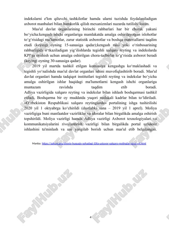 atimizning o‘rniga ta'siri nuqtai nazaridan kompleks baholab borish. kengashning ishchi organlari – moliya va adliya vazirliklari. ishchi organlar bo‘yicha taqsimlangan ustuvor bo‘lgan xalqaro reyting va indekslarda mamlakatimizning o‘rnini yaxshilashga qaratilgan ta'sirchan choralar ishlab chiqilishi va amalga oshirilishi hamda ushbu yo‘nalishda tizimli xalqaro hamkorlik olib borilishi ustidan kengash tomonidan nazorato‘rnatiladi. ustuvor bo‘lgan xalqaro reyting va indekslar bo‘yicha mamlakatimizning o‘rnini yaxshilash – mas'ul davlat organlari birinchi rahbarlarining faoliyati samaradorligini baholashning bosh mezonlaridan biri. u bo‘yicha eng muhim ko‘rsatkichlar (kpi) belgilandi. ularga erishish maqsadida mutasaddi vazirlik va idoralar tomonidan quyidagilar ishlab chiqilishi va kengashga tasdiqlash uchun taqdim etilishi lozim: 2020 yilning ikkinchi yarmi davomida amalga oshirilishi lozim bo‘lgan tashkiliy chora-tadbirlar dasturlari (bir oy muddatda);kelgusi yilda amalga oshirilishi lozim bo‘lgan tashkiliy chora-tadbirlar dasturlari (har yil 1 dekabrga qadar). ularda xalqaro reyting va indekslarning navbatdagi nashrida zarur ko‘rsatkichni qayd etishga qaratilgan amaliy takliflar, shuningdek reyting va indekslarni e'lon qiluvchi tashkilotlar hamda ularni tuzishda foydalaniladigan axborot …