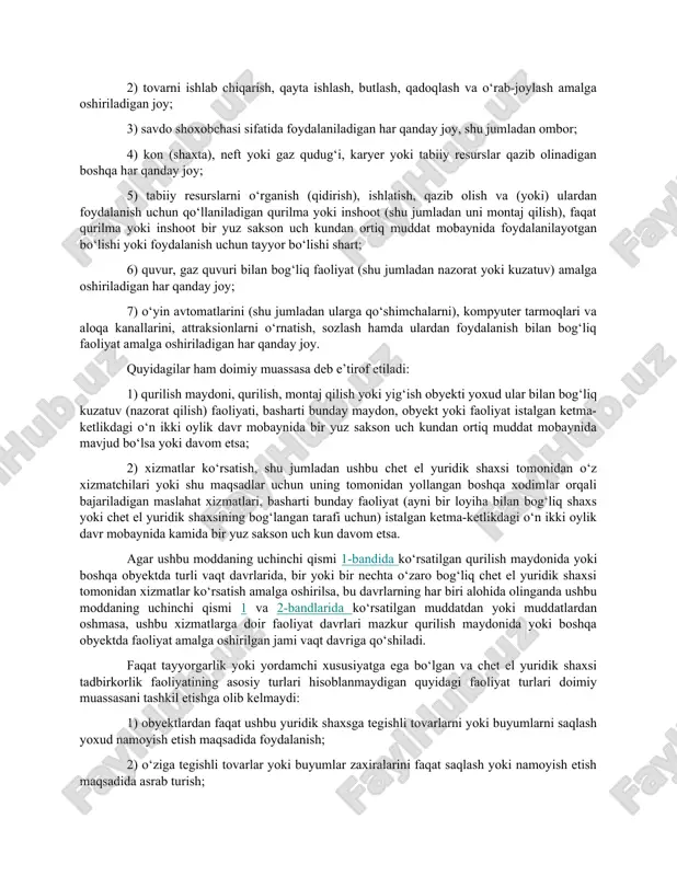 rlik faoliyatini amalga oshiradigan jismoniy shaxs yakka tartibdagi tadbirkor hisoblanadi. yuridik shaxs tashkil etmagan holda tadbirkorlik faoliyatini amalga oshiruvchi, biroq yakka tartibdagi tadbirkor sifatida ro‘yxatdan o‘tmagan jismoniy shaxslarga soliq solish va ularga nisbatan javobgarlik choralarini qo‘llash maqsadida yakka tartibdagi tadbirkor sifatida qaraladi. yuridik shaxslar va ularning alohida bo‘linmalari quyidagilar yuridik shaxslardir: 1) o‘zbekiston respublikasining qonunchiligiga muvofiq tashkil etilgan yuridik shaxslar (o‘zbekiston respublikasining yuridik shaxslari); 2) chet davlatlarning qonunchiligiga muvofiq tashkil etilgan, fuqarolik huquqiy layoqatiga ega bo‘lgan chet el yuridik shaxslari (shu jumladan kompaniyalar va boshqa korporativ tuzilmalar); 3) xalqaro tashkilotlar. yuridik shaxsning hududiy jihatdan alohida bo‘lgan, turgan eri bo‘yicha doimiy ish joylari jihozlangan har qanday bo‘linmasi o‘zbekiston respublikasi yuridik shaxsining alohida bo‘linmasidir. yuridik shaxsning alohida bo‘linmasini e’tirof etish, unga qanday vakolatlar berilganligidan va uning tashkil etilishi bo‘yicha yuridik shaxsning ta’sis hujjatlarida yoki boshqa tashkiliy-boshqaruv hujjatlarida aks ettirilganligi yoki aks ettirilmaganligidan qat’i nazar, amalga oshiriladi. agar ish joyi bir oydan ortiq …