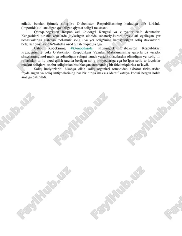 ‘lovchilar va soliq agentlari soliqlar hamda yig‘imlarni mustaqil ravishda to‘laydi. soliqni to‘lash soliqning to‘liq summasi bo‘yicha yoki ushbu kodeksda nazarda tutilgan boshqacha tartibda amalga oshiriladi. agar soliq bo‘yicha soliq davri bir necha hisobot davrini tashkil etsa, ulardan har birining natijalari bo‘yicha joriy to‘lovlar to‘lanadi. joriy to‘lovlarni to‘lash majburiyati soliqni to‘lash bo‘yicha majburiyatga tenglashtiriladi. alohida soliq turlari uchun bo‘nak to‘lovlari nazarda tutilishi mumkin. bo‘nak to‘lovlarini to‘lash majburiyati soliqni to‘lash bo‘yicha majburiyatga tenglashtiriladi. yuridik shaxslar va yakka tartibdagi tadbirkorlar soliqlarni banklar orqali naqd pulsiz shaklda to‘laydi. soliqlar va yig‘imlarni turlari bo‘yicha hisoblab chiqarish tartibi hamda to‘lash muddatlari ushbu kodeksning maxsus qismida belgilanadi. soliq imtiyozlari soliq to‘lovchilarning ayrim toifalariga boshqa soliq to‘lovchilarga nisbatan soliq to‘g‘risidagi qonunchilikda nazarda tutilgan afzalliklar, shu jumladan soliqni to‘lamaslik yoki ularni kamroq miqdorda to‘lash imkoniyati soliq imtiyozlari deb e’tirof etiladi. soliq to‘lovchiga soliqlarni to‘lash bo‘yicha muddatni kechiktirish (bo‘lib-bo‘lib to‘lash) imkoniyati berilishi soliq imtiyozlari hisoblanmaydi. agar ushbu moddaning beshinchi qismida …