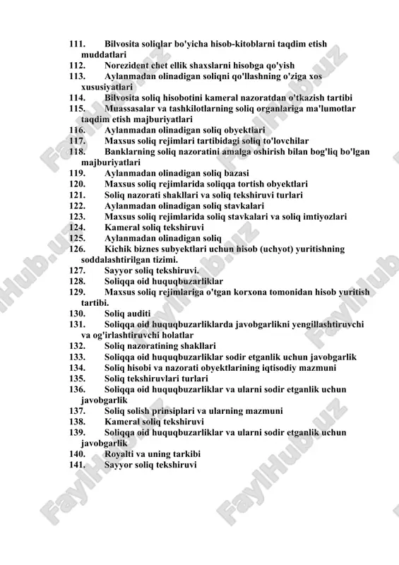 ng umumiy qoidalari. 98. yer qa'ridan foydalanganlik uchun soliq 99. bilvosita soliqlarning joriy to'lovlarini hisoblash tartibi 100. soliq majburiyatini bajarish 101. yer qa'ridan foydalanganlik uchun soliq 102. bilvosita soliqlarning soliq hisobini tashkil etish 103. soliq qarzining undirilishini umidsiz deb e'tirof etish 104. yig'imlar 105. bilvosita soliqlar bo'yicha soliq hisobotining tarkibi (tuzilishi). 106. soliqlarni to'lash muddatlarini uzaytirish 107. yig'imlar bo'yicha imtiyozlar 108. bilvosita soliq hisobotlarini tuzish (tayyorlash) tartibi 109. soliq to'lovchilarni hisobga olish tartibi 110. aylanmadan olinadigan soliqni to'lovchilar 111. bilvosita soliqlar bo'yicha hisob-kitoblarni taqdim etish muddatlari 112. norezident chet ellik shaxslarni hisobga qo'yish 113. aylanmadan olinadigan soliqni qo'llashning o'ziga xos xususiyatlari 114. bilvosita soliq hisobotini kameral nazoratdan o'tkazish tartibi 115. muassasalar va tashkilotlarning soliq organlariga ma'lumotlar taqdim etish majburiyatlari 116. aylanmadan olinadigan soliq obyektlari 117. maxsus soliq rejimlari tartibidagi soliq to'lovchilar 118. banklarning soliq nazoratini amalga oshirish bilan bog'liq bo'lgan majburiyatlari 119. aylanmadan olinadigan soliq bazasi 120. maxsus soliq rejimlarida …