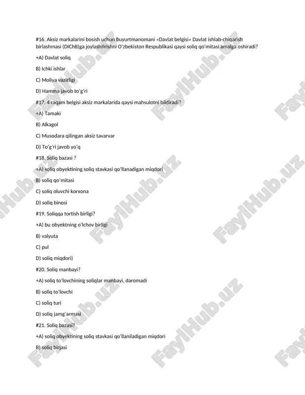 rogressiv soliq stavkasining kamchiligi? +a) soliq stavkalari soliq toʻlovchilarning daromad olish manfaatini ragʻbatlantirmaydi b) kamchiligi yoʻq c) 20 foiz miqdordagi soliq oladi d) soliq toʻlovchi huquqlari belgilanmagan #27. regressiv soliq stavkasi progressiv soliq stavkasiga nisbatan .... hodisani iifodalaydi? +a) teskari b) toʻgʻri c) 10 foiz d) hech qanday #28. soliq yuki makro darajada ifodalanganda miqyosi qanaqa boʻladi? +a) butun mamlakat miqyosida b) davlat miqyosida c) bank staviga bogʻliq d) iqtisodiy holat #29. bozor iqtisodiyoti bu-.. +a) erkin iqtisodiyot, pulli munosabatlar iqtisodiyotidir b) soliqqa tortish iqtisodiyoti c) bozor munosabatlari d) pul va tovar #30. soliqlarni iqtisodiy mohiyati va vazifalarini oʻrganib chiqib uni amaliyotga tadbiq etish kim tomonidan amalga oshiriladi +a) davlat b) aholi c) yuridik shaxs d) pensiya jamgʻarmasi #31. davlat soliq xizmati organlari? +a) davlat soliq qoʻmitasi, soliq boshqarmasi, davlat va tuman soliq inspeksiyalari b) davlat soliq boshqarmasi, hokimiyat, mahalla c) davlat va tuman soliq inspeksiyalari va mahalla d) soliq …