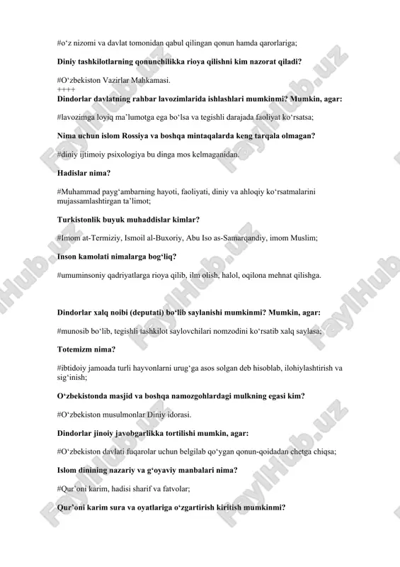 ni; dinning ijtimoiy hayotdagi ko‘rinishlarini o‘rganadi. din psixologiyasining asosiy mavzusi nimadan iborat? #kishining diniy his, tushuncha va yashash tarzi din falsafasining vazifasi nimalardan iborat? #yaratuvchi kuch e’tiqodiga falsafiy bir asos topish, diniy hukmlarning mantig‘i va mohiyatini ochib berish, dinning mohiyati, insonning diniy haqiqatlar bilan bo‘lgan bog‘liqligini o‘rganishdan iborat. din so‘zining ma’nosi- #(«dâna») fe’lidan yasalgan bo‘lib, «kimgadir bo‘ysunmoq, bo‘yin egmoq, itoat etmoq, kimdandir qarzdor bo‘lmoq, e’tiqod qilmoq, qilgan ishiga yarasha mukofotlamoq» kabi ma’nolarni bildiradi. dinning “kompensatorlik funksiyasi” qanday vazifani bajaradi? #tasalli beruvchilik vazifasini. jon, ruhlarning borligiga, ularning abadiyligiga ishonish nima deb ataladi? #animizm. ibtidoiy din shakllaridan qaysi birida odamlar odamga sig’inganlar? #shomanizmda totemizm nima? #ibtidoiy jamoada turli hayvonlarni urug’ga asos solgan deb hisoblab, ilohiylashtirish va sig’inish. xinduiylik va konfutsiychilik ta’limotiga ko’ra qaysi din shakliga to‘g‘ri keladi? #politeistik. buddaviylik dini qachon paydo bo’ldi? #eramizdan oldingi vi-v asrda. buddaviylik​ning asosiy aqidasi nimadan iborat? #azob-uqubat. mil. av. i asr va milodning iv asrlari oralig‘ida …