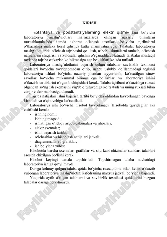 n talaba navbatdagi laboratoriya ishiga qoʻyilmaydi. darsga kelmay qolgan talaba qoida boʻyicha ruxsatnoma bilan kelib, oʻtkazib yuborgan laboratoriya mashgʻulotini kafedraning maxsus jadvali boʻyicha bajaradi. yuqorida aytib oʻtilgan talablarni va xavfsizlik texnikasi qoidalarini buzgan talabalar darsga qoʻyilmaydi. 1–laboratoriya ishi 2-soat “stantsiya va podstantsiyalarining elektr qismi” fanidan tajriba mashgʻulotlarida foydalaniladigan yordamchi apparatlar va asbob – uskunalar bilan tanishish i. ishning maqsadi talabalarni “stantsiya va podstantsiyalarning elektr qismi” fani boʻyicha tajriba mashgʻulotlarida foydalaniladigan yordamchi apparatlar, asbob–uskunalar bilan mustaqil ravishda ishlashga oʻrgatish va ishlash printsiplari bilan tanishish. ii. umumiy tushunchalar rostlovchi avtotransformatorlar rostlovchi avtotransformatorlarning transformatorlardan farqli oʻlaroq faqat bir choʻlgʻamga ega boʻlib ikkilamchi choʻlgʻami boʻlmaydi. butun choʻlgʻamda hosil boʻlgan kuchlanishni dastak (polzunka) yordamida ikkilamchi kuchlanish sifatida yuklamaga uzatiladi. polzunka harakati yordamida bu kuchlanishni oʻzgartirish mumkin. keltirilgan avtotransformatorning barcha sxemalarida 380 v tarqatish tarmogʻi yuklamaning rostlovchi kuchlanish bilan toʻgʻridan–toʻgʻri yoki elektrik bogʻlangan. bu esa rostlanuvchi kuchlanishning eng kichik qiymatlarida ham xavfli boʻladi. esda tuting, avto …