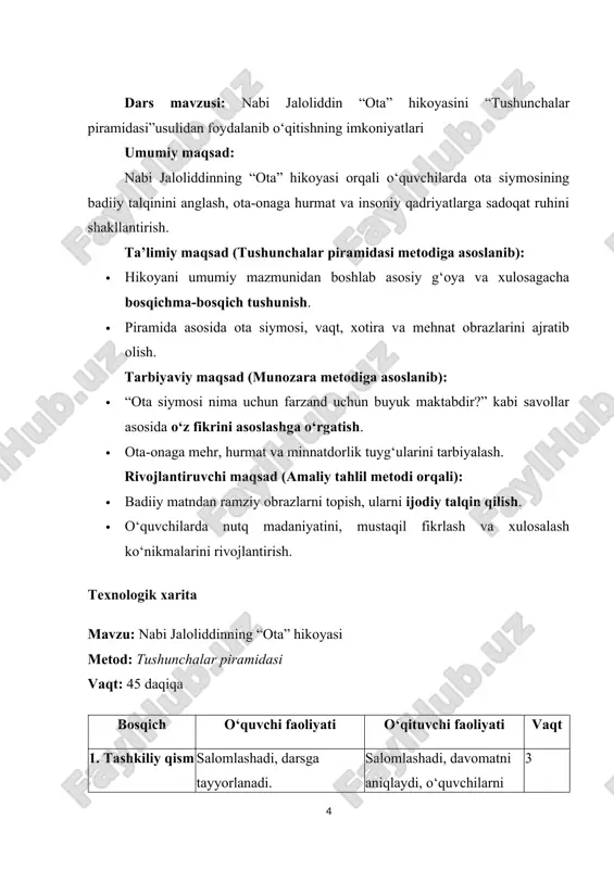 quvchilar matnni o‘qib chiqadilar yoki tinglaydilar. · guruhlarga bo‘linib, piramida bosqichlarini to‘ldira boshlaydilar: 1. umumiy tushuncha (ota, hayot, vaqt). 2. asosiy mazmuniy yo‘nalishlar (xotira, daryo, ko‘prik, mehnat). 3. hikoyadagi voqealar va obrazlar (qahramonning bolalik xotirasi, otaning mehnatkashligi, vaqtning o‘tishi). 4. yakuniy xulosa (ota – hayot maktabi, mehr-muhabbat va sabr timsoli). 3. mustahkamlash bosqichi · har bir guruh o‘z piramidasini taqdim etadi. · o‘quvchilar bir-birining fikrlarini to‘ldiradilar. · o‘qituvchi umumlashtirib, hikoyaning g‘oyaviy xulosasini beradi. 4. yakuniy bosqich · o‘quvchilar shaxsiy xulosalarini aytadilar: “men bu hikoyadan nimalarni angladim?”. · o‘qituvchi darsni yakunlaydi va uyga vazifa beradi (masalan: hikoyadan eng ta’sirli parchani tanlab, uni izohlash). natija: bu metod dars jarayonida o‘quvchilarning faolligini oshiradi, matnni chuqur tahlil qilishga, asosiy g‘oyani ajratishga va xulosa chiqarishga o‘rgatadi “ota” hikoyasining umumiy tushunchalari ota siymosi – hikoyada ota oddiy inson sifatida emas, balki butun avlodning tayanchi, hayot maktabi va sabr timsoli sifatida gavdalanadi. uning mehnatkash qo‘llari, qarilikdagi vazminligi …