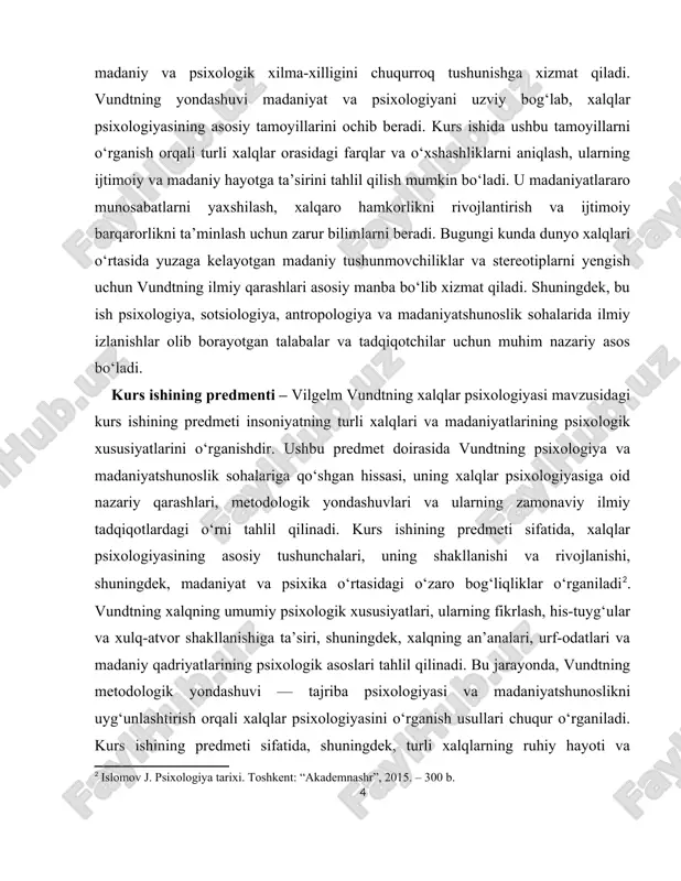 aniyat va psixika o‘rtasidagi murakkab bog‘liqliklar, xalqlar orasidagi psixologik farqlar va o‘xshashliklar ham tahlil qilinadi. kurs ishining obyekti sifatida, vundtning xalqlar psixologiyasiga oid nazariyalari va ularning amaliy tadqiqotlarda qo‘llanilishi ham muhim o‘rin tutadi. obyekt doirasida, xalqlar psixologiyasining shakllanishi va rivojlanish jarayonlari, shuningdek, madaniyatshunoslik va psixologiya fanlari o‘rtasidagi integratsiya ham tahlil qilinadi. bundan tashqari, kurs ishining obyekti sifatida, insonning madaniy muhitda shakllanishi, jamiyatdagi turli guruhlar va xalqlarning psixologik xususiyatlari, ularning o‘zaro ta’siri va madaniy muloqot jarayonlari o‘rganiladi. bu jarayonlar xalqning kollektiv ongini, ijtimoiy xulq-atvorini va madaniy identifikatsiyasini shakllantirishda muhim rol o‘ynaydi. obyekt doirasida, vundtning metodologik yondashuvlari, ya’ni tajriba psixologiyasi va madaniyatshunoslikni uyg‘unlashtirish orqali xalqlar psixologiyasini o‘rganish usullari ham chuqur tahlil qilinadi kurs ishining maqsadi – vilgelm vundtning xalqlar psixologiyasi mavzusidagi kurs ishining maqsadi insoniyatning turli xalqlari va madaniyatlaridagi psixologik jarayonlarni chuqur o‘rganish va tahlil qilishdan iborat . shuningdek, kurs ishining maqsadi vundtning xalqlar psixologiyasiga oid ilmiy qarashlari va metodologik yondashuvlarini o‘rganish, …
