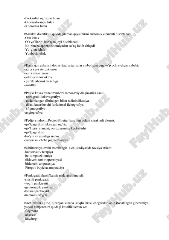 ya #pankreatit klassifikatsiyasida ajratilmaydi: -shishli pankreatit -yog’li pankreatit -gemorragik pankreatit -kataral pankreatit -hammasi to’g’ri #achituvchi og’riq, qizargan sohada issiqlik hissi, chegaralari aniq ifodalangan giperemiya, yuqori temperetura quidagi kasallik uchun xos: -flegmona -abstsess -kuydurgi -saramas -to’g’ri javob yo’q #qattiq, azoblovchi,lo’qillovchi, tunda va oyoqni pastga osiltirganda kuchayuvchi barmoqdagi og’riq, qaysi kasallik uchun xos: -saramas -reyno kasalligi -teri osti panaritsiyasida -teri panaritsiyasida -to’g’ri javob yo’q #bemor bo’yin orqa sohasida qirmizi-qizg’sh rangli, ellakka o’xshash ko’plab yiringli nuqtachalarga ega hosila aniqlanadi. analiz natijalari: qondagi qand 12 mmol/l. leyk: 11,0 min- echt: 20 mm/- bemorda qanday kasallik mavjud: -kuydurgi -flegmona -furunkul -karbunkul -to’g’ri javob yo’q #o’tkir mastit seroz bosqichida qo’llanilmaydi: -sut dimlanishini oldini olish -antibacterial davo -ultratovush terapiyasi -kesma qilish -to’g’ri javob yo’q #appendektomiyadan keyingi duglas bushligi abssessi xarakterli belgilari: -yo’tal -qabziyat -gektik isitma -tug’ri ichak orqa devori osilishi -bergman simptomi #chuvalchangsimon o’simtaning atipik joylashuv asosiy shakllarini ko’rsating (noto’g’ri javobni ko’rsating): -retrosekal -chanoqda -jigar osti -oshqozon …