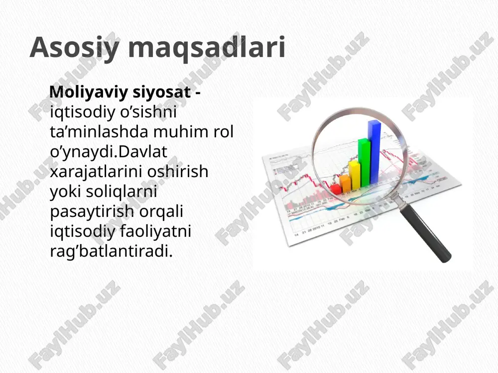iy bank va moliya vazirligi tomonidan nazorat qilinadi. davlat qarzi boshqarish tizimi o‘z ichiga ichki va tashqi qarzlarni samarali boshqarish strategiyalarini oladi. o’zbekistonning 2024-yil hisobiga ko’ra davlat qarzi 37.9$milliardni tashkil qilmoqda. o‘zbekiston respublikasida byudjet taqchilligi va davlat qarzi image1.jpeg image2.png image3.png image4.png image5.png image6.png image7.png image8.png image9.png image10.png image11.png image12.png image13.png image14.png image15.png image16.png /docprops/thumbnail.jpeg