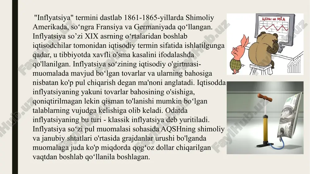 lashishiga olib kelganligini aniqlay oldi. olim shunday xulosaga keldiki, iqtisodiyotni davlat tomonidan tartibga solish ishsizlikka qarshi kurashda inflyatsiyaning oshishidan foydalanishi mumkin. 5. inflyatsiyaning ijtimoiy-iqtisodiy oqibatlari ishlab chiqarish hajmi qisqaradi, chunki narx-navolaming doimiy tarzda tebranib turishi ishlab chiqarishni rivojlantirishga bo'lgan istiqbollarga ishonchni yo'qotishga olib keladi; ishlab chiqarish sohasidagi kapital savdo va vositachilik operatsiyalariga oqib o'tishi kuzatiladi. chunki savdo va vositachilik sohalarida kapital aylanishi tez amalga oshadi va katta foyda keltiradi. inflatsiya yuqori bo'lgan davrda aholi o'rtasida puldan qochish holati kuzatiladi, ya'ni kishilar qo'llaridagi pullardan imkoniyat darajasida tezroq sarflashga harakat qiladilar. ular pullarga turli tovarlar sotib oladilar. buning natijasida savdo va vositachilik do'konida tovarlar tez sotiladi; narx-navoning keskin va notekis o'zgarishi natijasida chayqovchilik kengayadi. inflatsiya natijasida tovar tanqisligi (defitsit) yuzaga chiqadi. ushbu taqchillik narx-navoning keskin ko'tarilishiga olib keladi; davlat moliya resurslari qadrsizlanadi. davlat budjeti daromadlari budjet xarajatlari amalga oshirilgunga qadar qadrsizlanadi. budjet daromadlari va xarajatlari o'rtasidagi mutanosiblikni saqlash qiyinlashadi va buning natijasida …