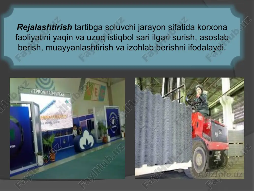 nika va kapital qo`yilmalar rejasi, moliyaviy reja kabi asosiy qismlari doirasida tayyorlash bilan bog`liq bo`lgan rejadan avvalgi davrni o`z ichiga oladi. rejalashtirish tizimi quyidagi talablarga javob bergan taqdirdagina samarali va ishonchli hisoblanadi: 1. rejalashtirishning har bir elementi va bosqichi qat`iy ravishda asoslab berilishi. 2. rejadagi vazifalarning aniq va o`z vaqtida bajarilishi, ya`ni rejaning adresliligi. 3. reja bajarilishini doimiy va uzluksiz ravishda hisobga olish, nazorat qilish va unga zarur hollarda o`zgartirishlar kiritish. 4. ichki va tashqi muhitdagi o`zgarishlarni ijobiy qabul qilish, shuningdek, korxona faoliyatini ro`y bergan o`zgarishlarga mos ravishda, o`z vaqtida qayta tashkil qilish (rejalashtirishning moslashuvchanligi). 5. fan-texnika taraqqiyoti va xo`jalik yuritishning ilg`or tajribalariga tayanish. buyurtmalar portfeli rejadan oldingi ish (reja loyihasi) korxona rejasi bajaruvchilar resurslar bajarish muddatlari tayyor mahsulot (ish va xizmatlar) mahsulot (ish va xizmatlar) iste`molchilari chizma. korxonada rejalashtirish jarayoni texnologiyasi rejalashtirishning har bir turi o`ziga xos xususiyatlarga ega bo`lib, bu xususiyatlar qatoriga quyidagilarni kiritish mumkin: belgilangan rejalashtirish oralig`ining …