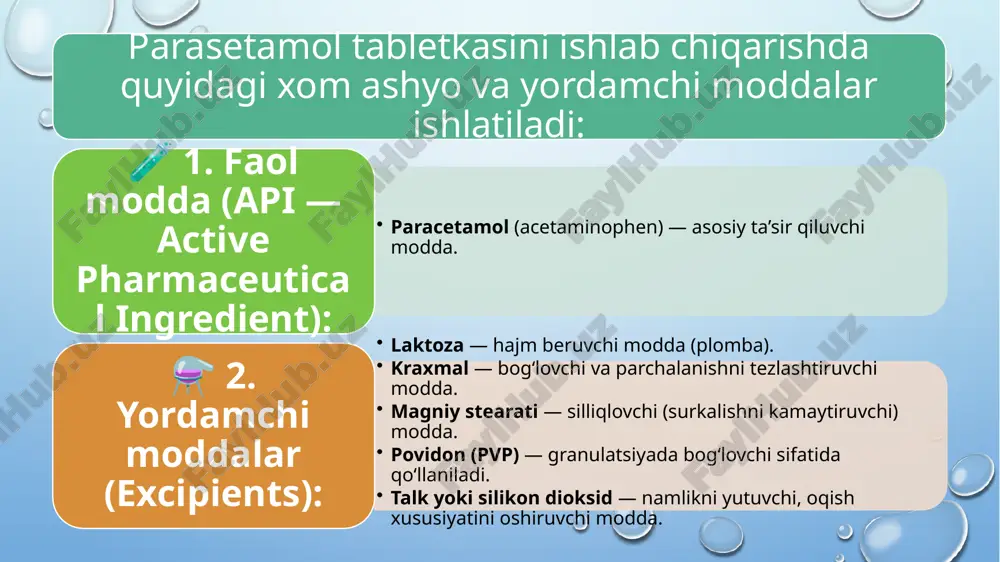 yoki qog‘oz materiallari. etiketlash: karton quti tashqi yuzasida dori preparatining nomi, ishlab chiqarish sanasi, saqlash sharoitlari, ishlab chiqaruvchi va iste'molchi uchun muhim ma'lumotlar ko‘rsatiladi. asbob-uskunalar har bir bosqichda ishlatiladigan asbob-uskunalar jarayonning samaradorligini va sifatini ta'minlaydi. asbob-uskunalar nomlari va ularning vazifalari quyidagicha: tablet mashinalari: tabletkalarni shakllantirish va siqish uchun ishlatiladi. qoplama uskunalari: tabletkalarni himoya qatlami bilan qoplash uchun ishlatiladi. blister mashinalari: tabletkalarni blisterlarga joylashtirish va qadoqlash jarayonini amalga oshiradi. karton qadoqlash mashinalari: blisterlarni karton qutilarga joylashtirishni ta'minlaydi. sinov va sifatni nazorat qilish uskunalari: erish nuqtasini o‘lchash, kristallanishni tekshirish va dori sifatini nazorat qilish uchun ishlatiladi (masalan, spektroskopiya yoki chromatografiya asboblari). xulosa parasetamolni ishlab chiqarish jarayoni bir necha muhim bosqichlardan iborat bo‘lib, har bir bosqichda sifat nazorati va himoya choralari ko‘riladi. dori shaklini tayyorlashdan tortib, uni to‘g‘ri qadoqlash va saqlashgacha bo‘lgan jarayonlar, mahsulotning sifatini saqlash va tashqi muhit ta'siridan himoya qilishni ta'minlaydi. himoya qatlami qo‘llanilishi va to‘g‘ri qadoqlash asosan dori shaklining samarali …