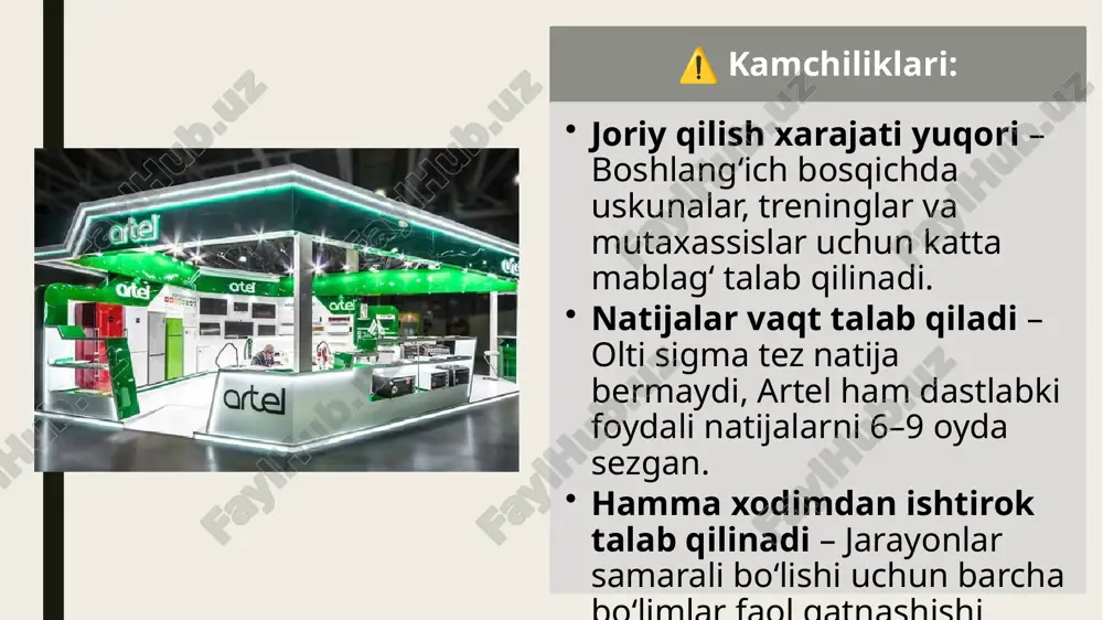 angilik joriy etish ko‘nikmalarini oshiradi. ✅ 5. strategik qarorlar asoslangan bo‘ladi olti sigma statistik tahlilga tayanadi. shuning uchun qarorlar shunchaki taxmin emas, balki real ma’lumotlarga asoslangan bo‘ladi. 📈 xulosa: olti sigma — bu oddiy sifat nazorati emas, balki korxonaning umumiy faoliyatini strategik jihatdan takomillashtirish vositasidir. u doimiy o‘zgarish va yaxshilanish madaniyatini shakllantiradi. image1.jpeg image2.jpeg image3.png image4.png /docprops/thumbnail.jpeg