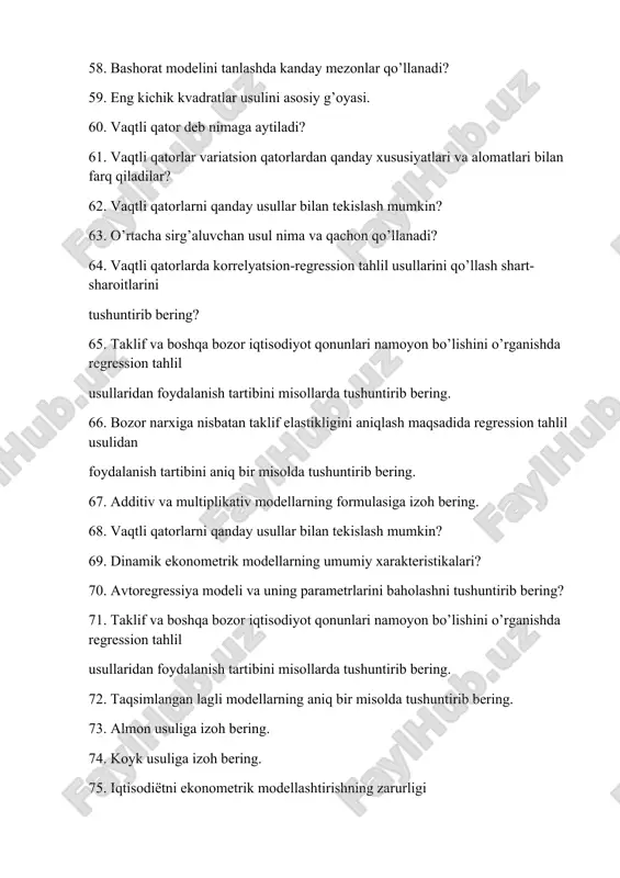 . ekometrik modellari 85. korrelyatsiya koeffitsienti va kovariatsiya 86. variatsion qatorlarni guruhlash 87. ekonometrikada ehtimollar nazariyasi va matematik statistikaning asosiy tushunchalari 88. “eng kichik kvadratlar” usuli yordamida ekonometrik modelni hisoblash 89. korrelyatsiya koeffitsientining turlari va o’zgarish intervallari 90. ekonometrik modellarni tuzishda qatnashadigan iqtisodiy ma’lumotlarga qo’yiladigan talablar 178 91. ekonometrik modellar ko’rsatkichlarni o’lchov birliklari 92. iqtisodiy jarayonlarni modellashtirishda regressiya tahlilini vazifalari 93. ekonometrika fanini o’zlashtirishda asosiy statistik tushunchalarini axamiyati 94. iqtisodiy-ijtimoiy jarayonlarda bog’likliklar turlarini o’rganish 95. ekonometrik modellarning axborot ta’minoti 96. “eng kichik kvadratlar” usuli yordamida ekonometrik modelni hisoblash 97. eng kichik kvadratlar usuli yordamida dinamik qatorlarni tekislash 98. ekonometrik modellashtirish bosqichlari 99. ekonometrik modellar ko’rsatkichlarni o’lchov birliklari 100. to’plamlar va ularning hossalari 101. korrelyatsiya koeffitsientining turlari va o’zgarish intervallari 102. iqtisodiy jarayonlarni boshqarishda ekonometrik modellashtirishning ahamiyati 103. korrelyatsion tahlil o’tkazishda korrelyatsiya koeffitsientini ahamiyati 104. diskret va uzluksiz tasodifiy miqdorlar 105. iqtisodiy-ijtimoiy jarayonlarda bog’liklar turlarini o’rganish 106. ekonometrik modellarni tuzishda qatnashadigan …