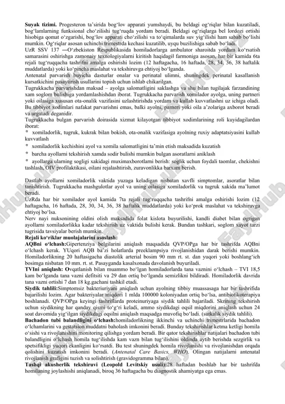 i kuzatiladi va «fiziologik kamqonlik» deb nomlanadi. neytrofil polimorf yadroli leykotsitlar bo‘lagi ortishi hisobiga homiladorlik davrida umumiy leykotsitlar miqdori ortadi va 32 haftada maksimal miqdorga etadi. so‘ng tug‘ruq vaqtida massiv neytrofiliya kuzatiladi eozinofillar, bazofillar va monotsitlar miqdori homiladorlik davrida nisbatan doimiy bo‘lib qoladi, ammo tug‘ruqning birinchi davrida eozinofillar miqdori kamayib, ikkinchi davrida to‘liq yo‘qoladi. v va t limfotsit hujayralar miqdori doimiy bo‘lsa ham, ularning faoliyati va immunitetning hujayra bo‘g‘ini ona organizmi plazmasidagi noma’lum omil hisobiga susayadi. bu homilador ayolning virusli infeksiyalarga moyilligi bilan tushuntiriladi. · shuningdek homiladorlarda trombotsitlar miqdori, eritrotsitlar cho‘kish tezligi tortishi (4 martagacha), xolesterol va fibrinogen miqdori ortishi kuzatiladi. · plazma hajmi ortishi va suyulish effekti hosil bo‘lish hisobiga albumin va gamma-globulin miqdori kamayadi. yurak qon tomir tizimi homiladorlik. davrida bu tizimda jiddiy o‘zgarishlar bo‘lib, ulardan ko‘pchiligi birinchi 12 haftada yuz beradi. · yurakning urilish hajmi (10%) va yurak qisqarish soni (taxminan 15 zarba/min) ortishi hisobiga yurakdan qon …