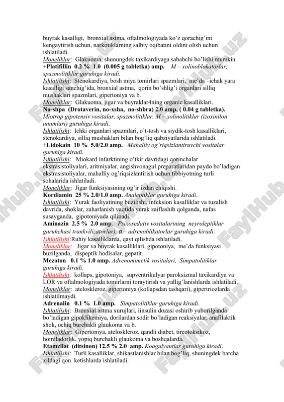 iklar: bradikardiya, miokard infarkti va u bilan og’rigan hollarda, xomiladorlik, antroiventrikulyar o’tkazuvchanligi buzilgan bemorlarda, bronxial astmada kordaronni extiyotlik bilan ishlatish kerak obzidan (anaprilin, inderal) (0.01-0yu04 g tabletka)5.0 amp. adrenoretseptorlarga ta`sir etuvchi vositalarining (β-adrenoblokatorlar) adrenolitiklar guruhiga kiradi. ishlatilishi: aritmiyaning ko’p turlari (sinus taxikardiya, paroksizmal taxikardiya, titroq taxikardiya, ekstrasistoliya), stenokardiya v a boshqalarda ishlatiladi. moneliklar: miokard infarkti, qon aylanishi yetishmovchiligi, bronxospazm, pichan isitmasi, i – ii darajadagi atrioventrikulyar blokada va boshqalarda ishlatiladi. dofamin 4 % 5.0 amp. parkinsonizmga qarshi vositalar guruhiga kiradi. ishlatilishi: har xil sabablarga aloqador shok (travmatik, kardiogen, operatsiyadan keying va boshqa xillarida), o’tkir yurak va tomirlar yetishmovchiligi va boshqalar. moneliklar: feoxromotsitoma, aritmiyada va narkoz vaqtida ishlatish yaramaydi. *novokainamid 10 % 5.0 amp. aritmiyaga qarshi vositalar guruhiga kiradi. ishlatilishi: yurak ishi maromining buzilishi (aritmiyalar, paroksizmal taxikardiya, bo’lmalarning titroq paroksizmalari, ekstrosistoliyalar). v/v moneliklar: yurak etishmovchiligi, o’tkazuvchanlikzilishi, bradikardiya va b. * benzogeksoniy 2.5 % 1.0 amp. n – xolinoretseptorlarga ta`sir etuvchi vositalarining …