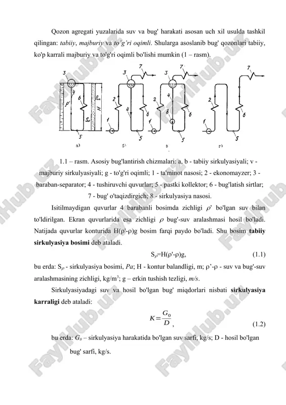 ushiruvchi quvurlar; 5 - pastki kollektor; 6 - bug'latish sirtlar; 7 - bug' o'taqizdirgich; 8 - sirkulyasiya nasosi. isitilmaydigan quvurlar 4 barabanli bosimda zichligi ’ bo'lgan suv bilan to'ldirilgan. ekran quvurlarida esa zichligi bug'-suv aralashmasi hosil bo'ladi. natijada quvurlar konturida h('-)g bosim farqi paydo bo'ladi. shu bosim tabiiy sirkulyasiya bosimi deb ataladi. s=h('-)g, (1.1) bu erda: s - sirkulyasiya bosimi, pa; h - kontur balandligi, m; ’- - suv va bug'-suv aralashmasining zichligi, kg/m3; g – erkin tushish tezligi, m/s. sirkulyasiyadagi suv va hosil bo'lgan bug' miqdorlari nisbati sirkulyasiya karraligi deb ataladi: , (1.2) bu erda: g0 – sirkulyasiya harakatida bo'lgan suv sarfi, kg/s; d - hosil bo'lgan bug' sarfi, kg/s. tabiiy sirkulyasiyali qozonlarda k = 4÷30, majburiy sirkulyasiyali qozonlarda k = 3÷10 va to'g'ri oqimli qozonlarda esa k = 1 bo'ladi. nazorat savollari: 1. qozon agregatining tarkibiy qismi. 2. qozon qurilmasi tarkibi. 3. energetik qozon qurilmalari. 4. isitish qozon …