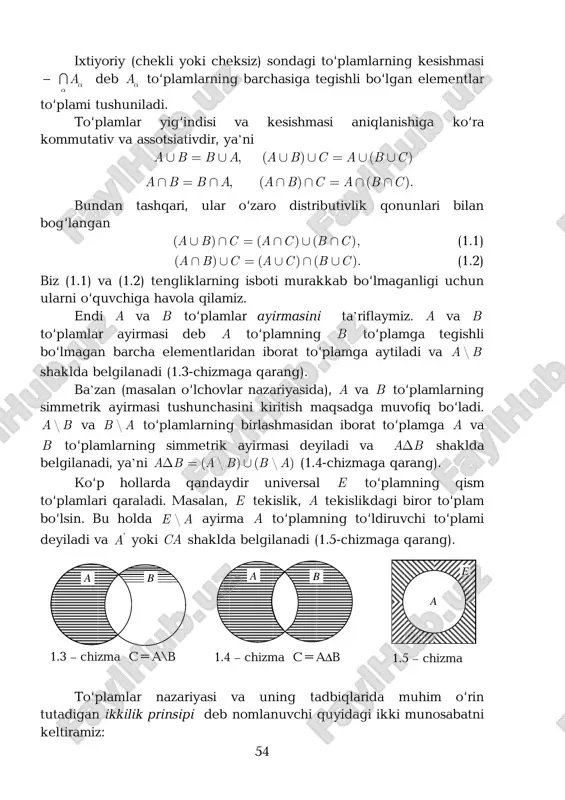 shini isbotlang. isbot. baf =)( ekanligidan uning syuryektiv akslantirish ekanligi kelib chiqadi, inyektivligi esa :f x y→ ning inyektivligidan kelib chiqadi. ∆ 1.1-teorema. ikki to‘plam birlashmasining asli ular aslilarining birlashmasiga teng, ya’ni 1 1 1( ) ( ) ( ).f a b f a f b− − −∪ = ∪ (1.9) isbot. aytaylik, 1( )x f a b−∈ ∪ ixtiyoriy element bo‘lsin. u holda ( )f x a b∈ ∪ , ya’ni ( )f x a∈ yoki ( )f x b∈ . bu holda x element 1( )f a− yoki 1( )f b− to‘plamlarning kamida biriga tegishli bo‘ladi, ya’ni 1 1( ) ( )x f a f b− −∈ ∪ . bundan 1 1 1( ) ( ) ( )f a b f a f b− − −⊂ ∪∪ munosabat kelib chiqadi. endi teskari munosabatni ko‘rsatamiz. faraz qilaylik, 1 1( ) ( )x f a f b− −∈ ∪ ixtiyoriy …