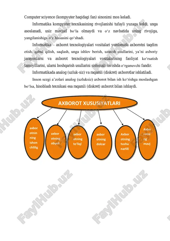 n) sinonimi mos keladi. informatika kompyuter texnikasining rivojlanishi tufayli yuzaga keldi, unga asoslanadi, usiz mavjud bo‘la olmaydi va o‘z navbatida uning rivojiga, yangilanishiga o‘z hissasini qo‘shadi. informatika – axborot texnologiyalari vositalari yordamida axborotni taqdim etish, qabul qilish, saqlash, unga ishlov berish, uzatish usullarini, ya’ni axboriy jarayonlarni va axborot texnologiyalari vositalarining faoliyat ko‘rsatish tamoyillarini, ularni boshqarish usullarini sistemali ravishda o‘rganuvchi fandir. informatikada analog (uzluk-siz) va raqamli (diskret) axborotlar ishlatiladi. inson sezgi a’zolari analog (uzluksiz) axborot bilan ish ko‘rishga moslashgan bo‘lsa, hisoblash texnikasi esa raqamli (diskret) axborot bilan ishlaydi. axborot xususiyatlari axbor otnin ning ishon chlilig i axbor otning obyek tivligi axbor otning to‘liql igi axbor otning dolzar bligi axbor otning tushu narlili gi axbo rotni ng mavj udligi matn yuzasidan savol va topshiriqlar 1-topshiriq. matn bilan ishlang. nutq odobi nutq, nutq odobi insonning ma’naviyatini- ma’rifatini belgilovchi asosiy mezondir. demak, kishining odobi, eng avvalo, uning nutqida ko‘rinadi. nutq odobi nima? nutq odobi …