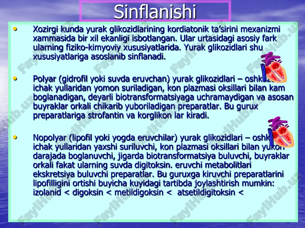 tni farmakokinetikasi xususiyatlarini inobatga olgan xolda olib boriladi.  yurak glikozidlari bilan davolash 2 davrda olib boriladi:  1) digitalizatsiya (tuyintirish) davri;  2) kuvvatlovchi terapiya davri. digitalizatsiya to‘g‘risida tushuncha va uning turlari • digitalizatsiya – bu organizmni, aniqrog‘i miokardni yurak glikozidlariga to‘yintirish. digitalizatsiyani 3 turi (tezligi) farqlanadi. • • 1. tez to‘yintirish – yurak glikozidlarini to‘yintirish miqdori organizmda 1- 1,5 kun ichida xosil qilinadi. • • 2. o‘rtacha tezlikda tuyintirish – yurak glikozidlarini to‘yintirish mikdori 3 – 4 kun ichida xosil qilinadi. • • 3. sekin to‘yintirish – yurak glikozidlarini to‘yintirish mikdori 5 – 7 kun ichida xosil qilinadi (9 kundan ortib ketmasligi kerak). digitalizatsiyani klinik va ekg kriteriyalari  klinik kriteriyalari:  1. taxikardiyani yukolishi.  2. xansirashni yukolishi.  3. sianozni yukolishi.  4. shishlarni yukolishi.  5. diurezni kupayishi.  ekg kriteriyalari:  1. ekg ni xamma tarmoklarida s-t segmentini «yoysimon» yoki «egarsimon» shaklga utishi va …