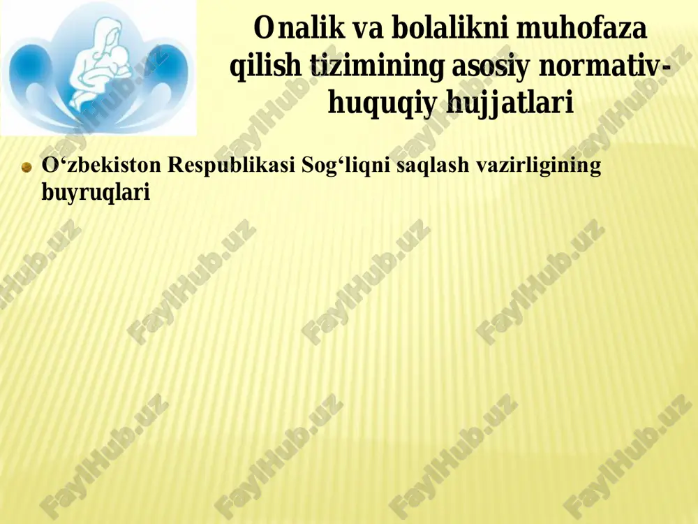 sh  tashkiliy ommaviy ish 1. kun tartibiga rioya qilish, sanitariya- gigiyena talablarini bajarish bo'yicha ayollar bilan ma'ruzalar, guruh va individual suhbatlar o'tkazish. 2. tibbiyot xodimlariga shifoxona ichidagi infektsiyalarning oldini olish choralari bo'yicha ko'rsatmalar berish  tashkiliy va uslubiy ishlar 1. to'g'ri ish yuritish 2. ilmiy konferensiyalar o„tkazish 3. kadrlar malakasini oshirishni tashkil etish tug'ruqxonaning tuzilishi tug'ruqxona faoliyatining asosiy ko'rsatkichlari  miqdoriy samaradorlik ko'rsatkichlari (xodimlar, jihozlar, shifokorlarning ish yuki)  to'shakning ishlash ko'rsatkichlari: 1. yiliga o'rtacha yotoq vaqti (akusherlik: 280-300; ginekologik: 330- 340) 2. yotoqda qolishning o'rtacha davomiyligi 3. tovar aylanmasi  samaradorlikning sifat ko'rsatkichlari: 1. perinatal o'lim 2. onalar o'limi 3. asorat bilan tug'ilishning ulushi 4. asoratsiz tug'ilish ulushi 5. o'lik tug'ilish darajasi bolalarga tibbiy yordam ko'rsatadigan poliklinikalar: bolalar klinikasi bolalar stomatologiya klinikasi bolalar maslahati statsionar : bolalar kasalxonasi somatik bolalar yuqumli kasalliklar shifoxonasi umumiy somatik kattalar shifoxonalari tarkibidagi bolalar bo'limi ixtisoslashgan : bolalar uylari bolalar sanatoriylari bolalar bog'chalari …