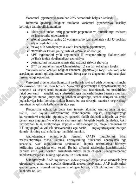 iga olib keladi, tomirlarning periferik qarshiligini keskin ravishda ko‘paytiradi. bundan tashqari, angiotenzin ii buyrak usti bezlari po‘stloq qavati tomononidan aldosteron ishlab chiqarilishini rag‘batlantiradi, bu esa o‘z navbatida organizmda natriy ionlari va suvning tutilishi bilan kechadigan ikkilamchi giperaldosteronizm rivojlanishiga olib keladi. periferik angiospazm, gipernatriemiya va gipervoliemiya, arterial gipertenziyani yanada chuqurlashishiga sabab bo‘ladi. kasallikning boshlang‘ich davrlarida buyrak usti bezining po‘stloq qismidagi o‘zgarishlar funksional xarakterga ega bo‘lib, morfologik o‘zgarishlar minimal holatda bo‘ladi. keyinchalik esa, o‘zgarishlar organik tusga o‘tadi: bez xujayralari gipertrofiyaga uchraydi va oqibatda buyrak usti bezining diffuz yoki tugunchali giperplaziyasi rivojlanadi. aldosteronni doimiy ravishda ko‘p miqdorda ishlab chiqarilishi, renin sekresiyasini kamaytiradi, shuning uchun ikkilamchi giperaldosteronizm rivojlanishi bilan kam reninli vazorenal gipertenziya shakllanadi. klinik manzarasi. simptomatik gipertenziyalarning ayrim turlariga (konn sindromi, kushing sindromi, feoxromositoma) xos patognomik simptomlar vazorenal gipertenziyada yo‘q. bemorlarning shikoyatlarini quyidagicha umumlashtirish mumkin: 1. serebral gipertenziyaga xos belgilar: bosh og‘rig‘i, boshda og‘irlik hissiyoti, quloqlarda shovqin, ko‘z soqqalarida og‘riqlar, xotiraning pasayishi, qoniqib …