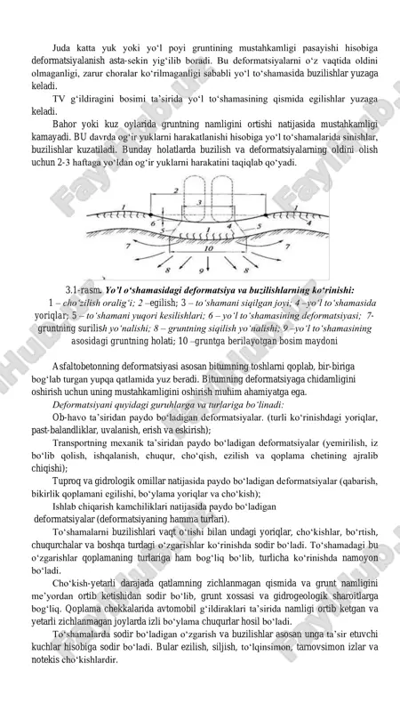 sun’iy inshootlarni qurish zarurligini ko‘rsatadi. atmosfera yog‘inlari yomg‘ir va qor ko‘rinishida bo‘lib, suv o‘tkazmaydigan qoplamadan yo‘l yoqasiga oqib, so‘ng yon qiyalik yon ariqlarga tushadi. agar yomg‘ir jadal yog‘sa yo‘l yoqasi va yon qiyaliklarni yuvib, yon ariqlardan toshib oqadi va yo‘l poyiga shimiladi, yo‘l poyini va to‘shamasini namligini oshiradi. bo‘ylama qiyaligi bo‘lgan yo‘llarda oqimni ta’siri kuchayishi evaziga yo‘l to‘shamasining cheti va yo‘l yoqasining yuvilishi, ulardan suv oqib o‘tgan joylarda ko‘tarmani yuvilishi ro‘y beradi. quyosh ta’sirida gruntga shimilgan suvlar yuqoriga qarab harakatlanadi, bu esa o‘z navbatida yo‘l poyini ko‘tarilishiga, to‘shamani buzilishiga sabab bo‘ladi. yo‘l poyi va to‘shamasini yuzasi mustahkamlanadi va suv qochiruvchi ariqlar quriladi. o‘ymalarda suv atrof joylardan oqib keladi, bu yo‘l yoqasini yuvib, surilish hosil qilishi mumkin. qish vaqtida grunt g‘ovagini to‘ldiruvchi suv muzlaganida hajmi oshadi va yo‘l poyini shishiradi, bu holat yo‘l poyida muzlashdan ko‘pchish, erigandan so‘ng buzilishlarni yuzaga keltiradi. yo‘l poyi gruntini muzlashdan ko‘pchishi yoki hajmini ruxsat berilgandan oshishi …