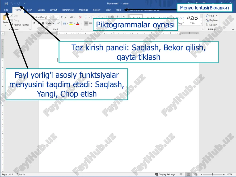 shni bosing ko`rish paneli bosmaga chiqarish imkoniyatlari nusxasini tanlash printerni tanlash chiqarilayotgan hujjat varoqlarini tanlash(yani 1,4,6-9,10-) landshaftni o'zgartirish(knijni yoki albomni) varoq o`lchamini tanlash(a4,a5,a3, b5, latter) bitta varaqda bir nechta sahifalar formatting ■ best to specify margins first ■ can be specified for ♦ entire document ♦ paragraph ♦ selected text ■ bring up page setup ♦ layout ♦ margins button ♦ custom margins chegaralarni belgilash: butun hujjat yoki tanlangan matn paragraf va qator oralig'i ■ o'zgartirish uchun: paragraf(lar)ni (abzats) tanlang va paragraf muloqot oynasini ishga tushiring ■ interval maydoni ♦ paragraflarning intervalini sozlash (oldin va keyin) ♦ satirlar orasidagi masofa aniqlash uchun xatboshini bosing, maxsus turini tanlang joylashuvi(viravnivanie) ■ matnni moslashtirishning bir necha yo’li ♦ chapdan tekislash(default) ♦ o`ngdan tekistlash ♦ o`rtadan ♦ j u s t i f i e d ■ eng oson yo'li: matnni tanlang va menyudan paragraph(abzats) guruhining tugmachalarini bosing formatlash ■ tab ♦ ustunli ma'lumotni …